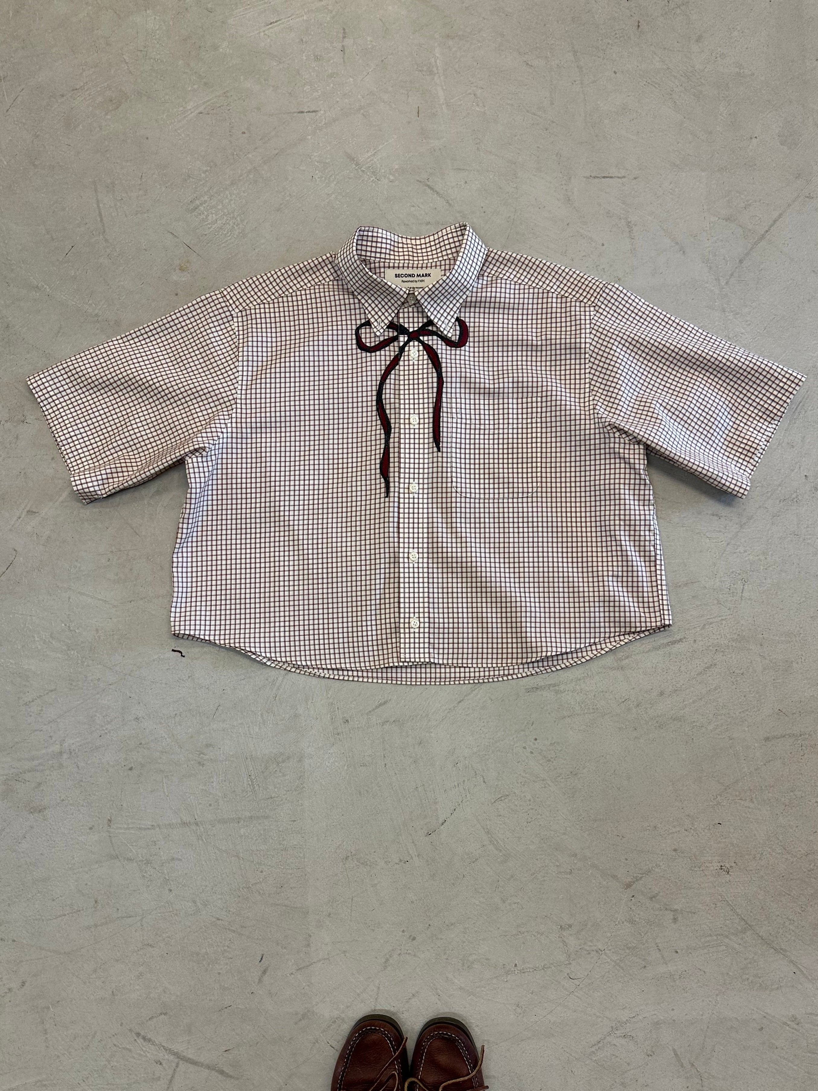 Cropped Button Down — Ivory & Oxblood Micro Plaid with Grey & Crimson Bow