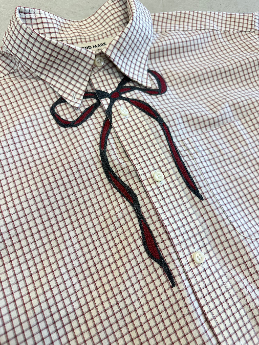 Cropped Button Down — Ivory & Oxblood Micro Plaid with Grey & Crimson Bow