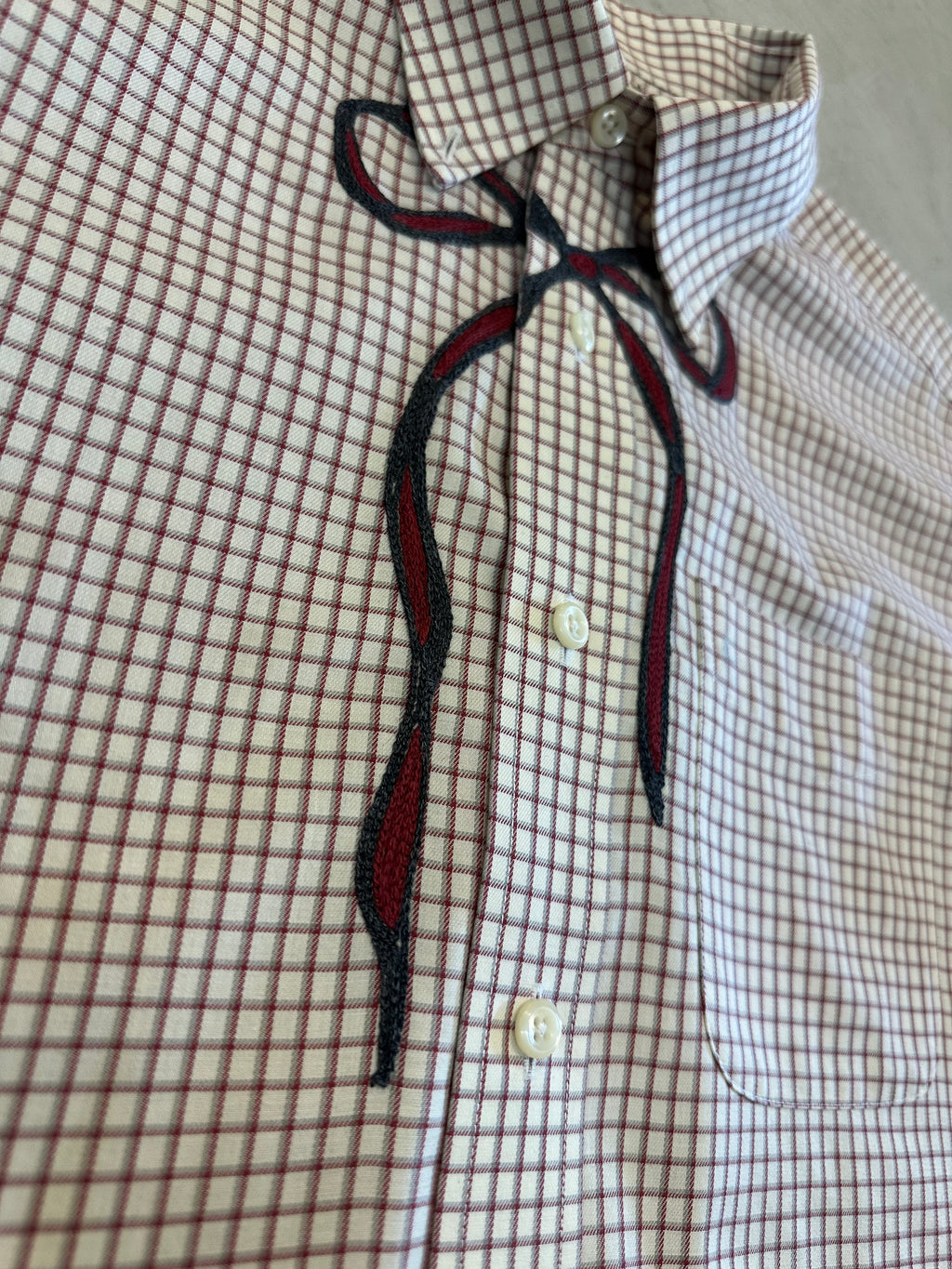 Cropped Button Down — Ivory & Oxblood Micro Plaid with Grey & Crimson Bow