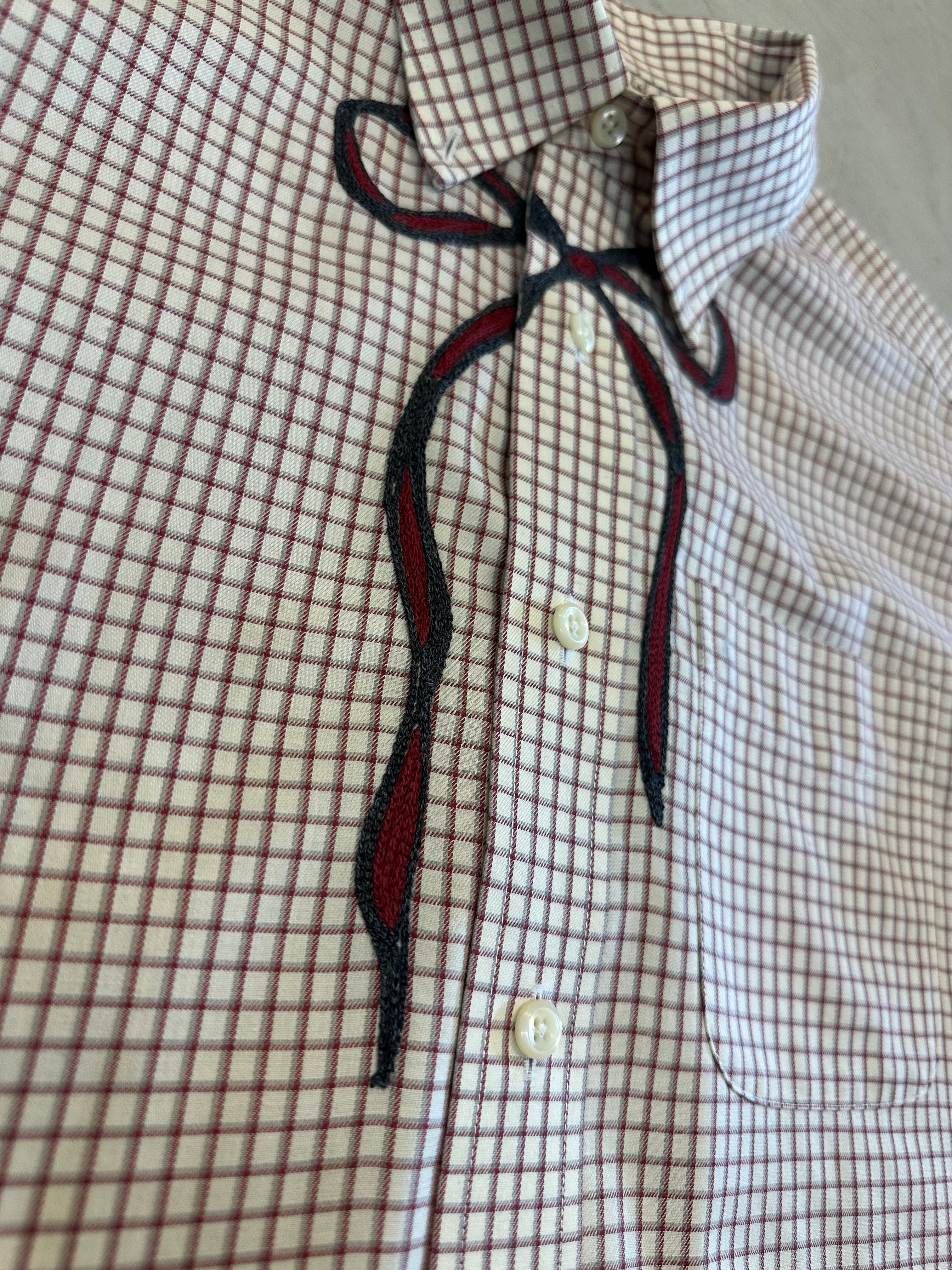 Cropped Button Down — Ivory & Oxblood Micro Plaid with Grey & Crimson Bow