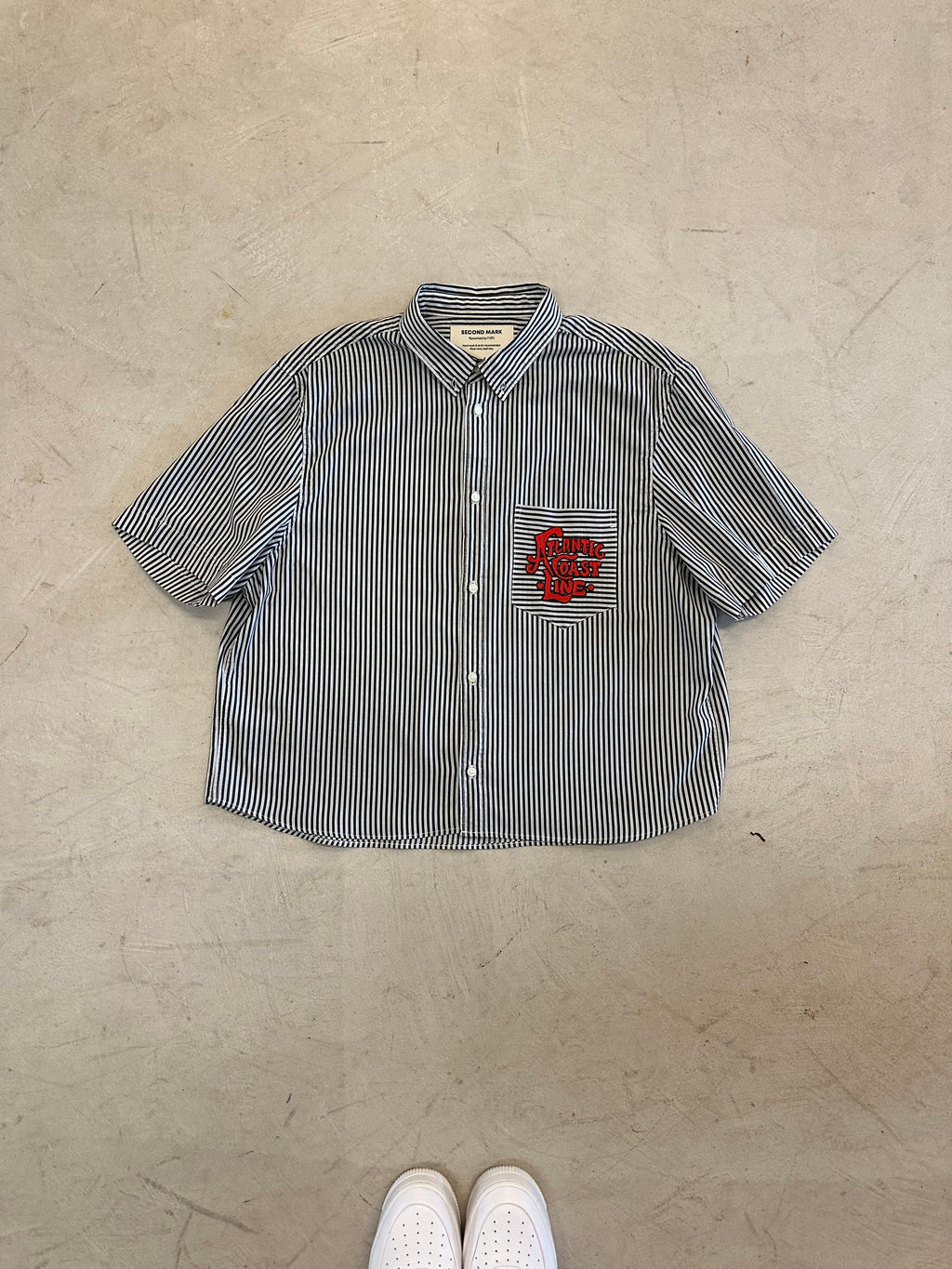 Cropped Button Down — White & Charcoal Stripe with Red Atlantic Coast Line