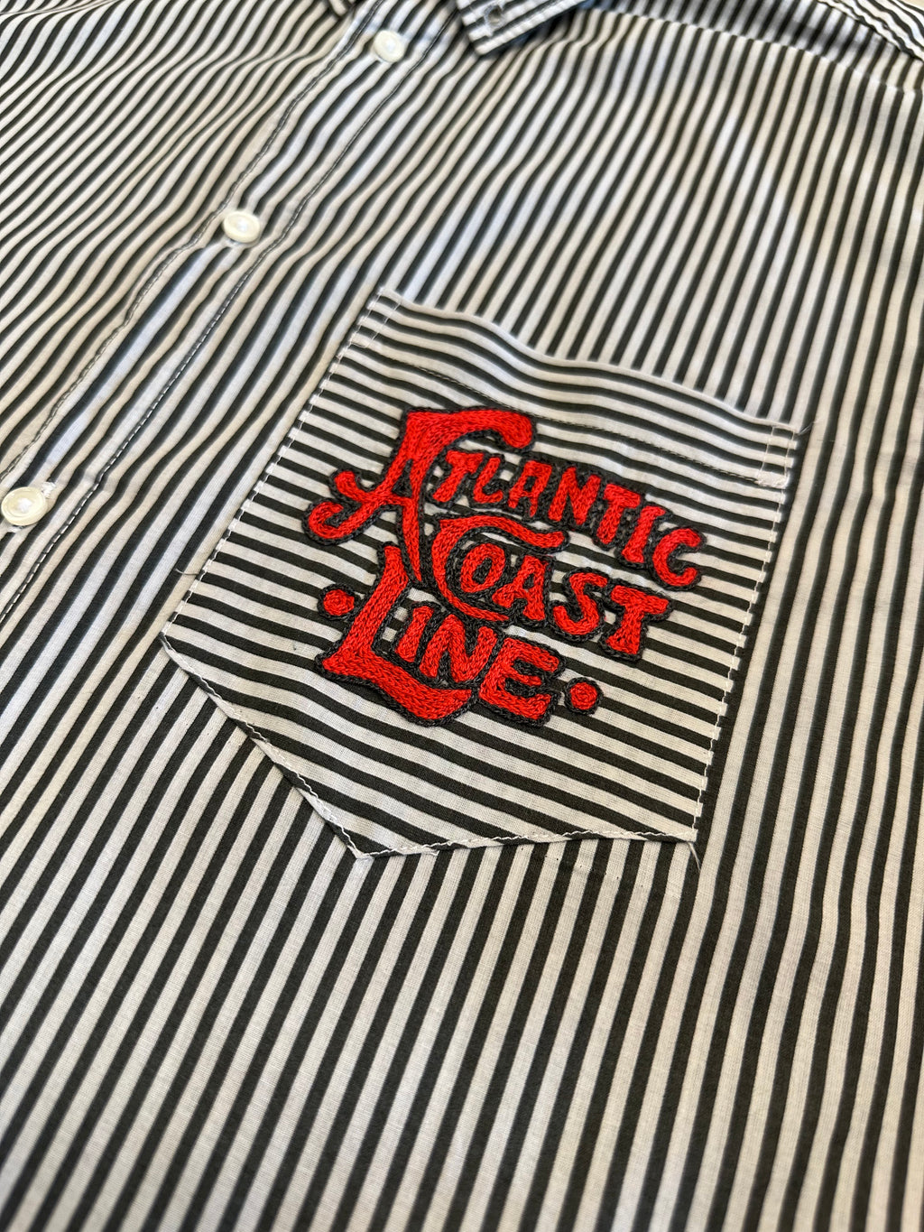 Cropped Button Down — White & Charcoal Stripe with Red Atlantic Coast Line