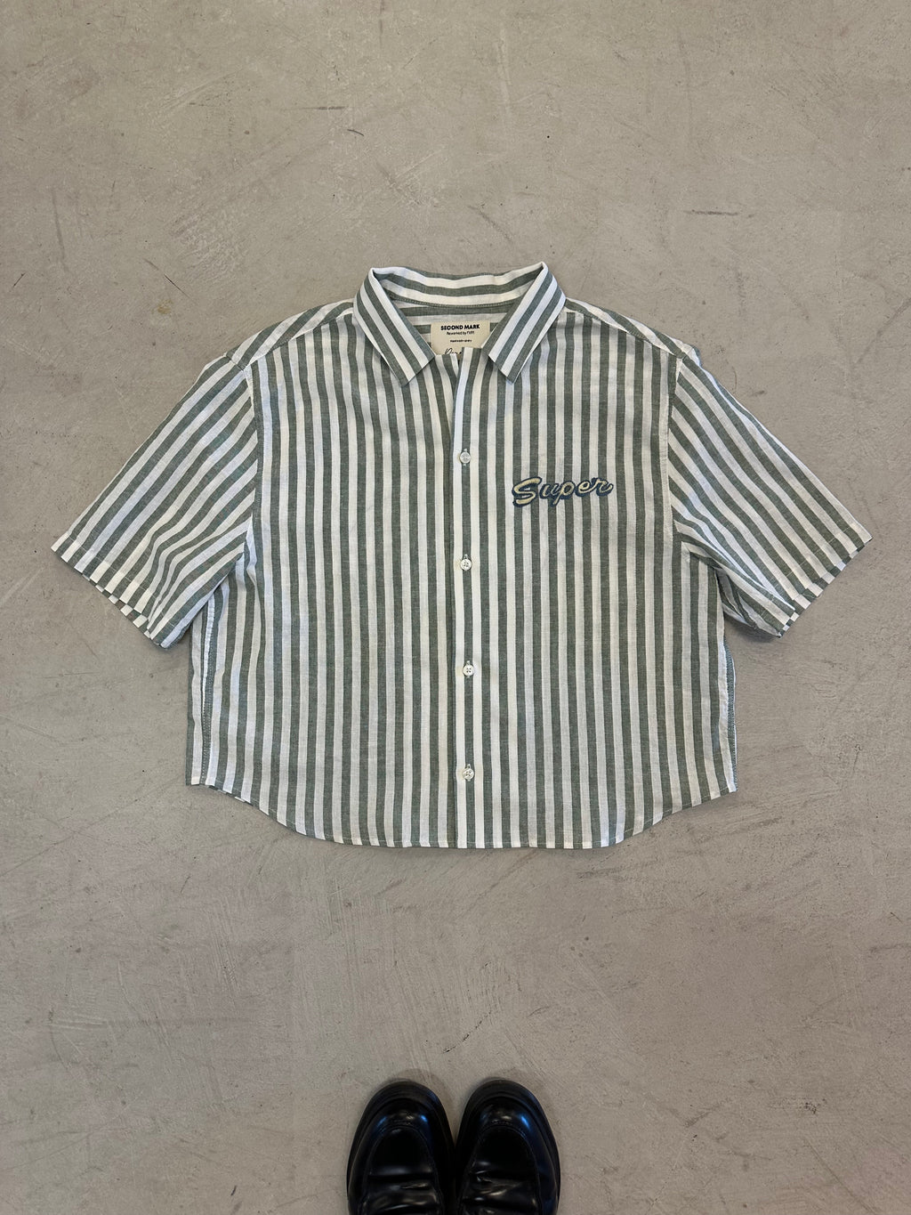 Cropped Button Down —  Sage Green and White Stripe with Super Elephant