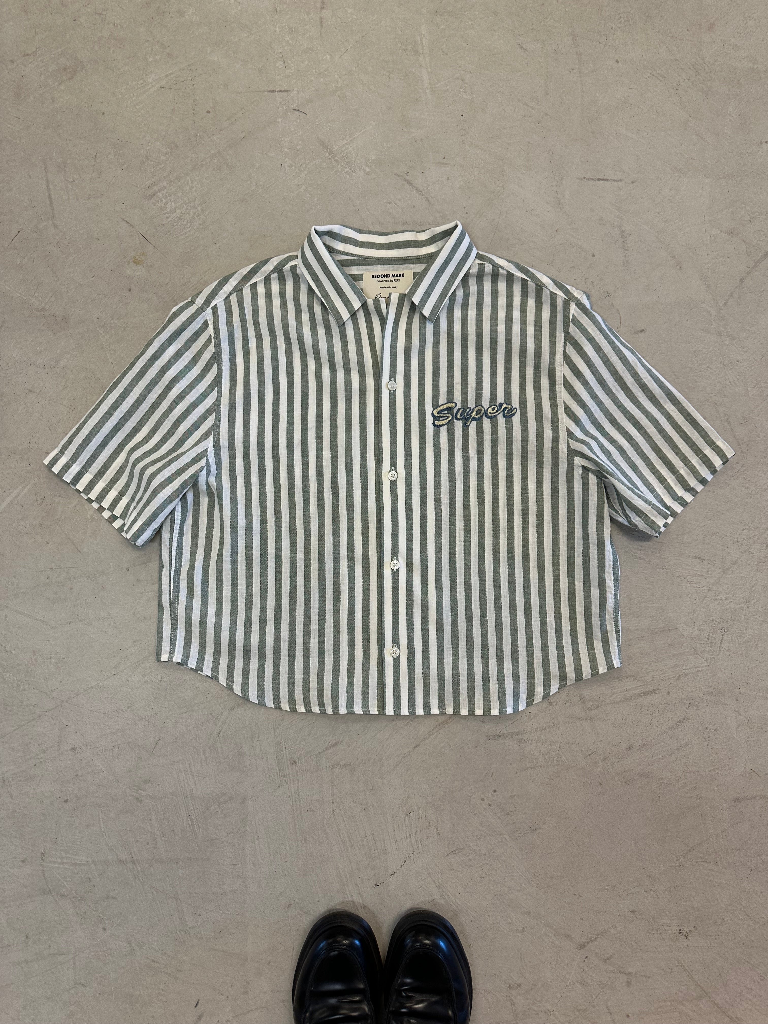 Cropped Button Down —  Sage Green and White Stripe with Super Elephant