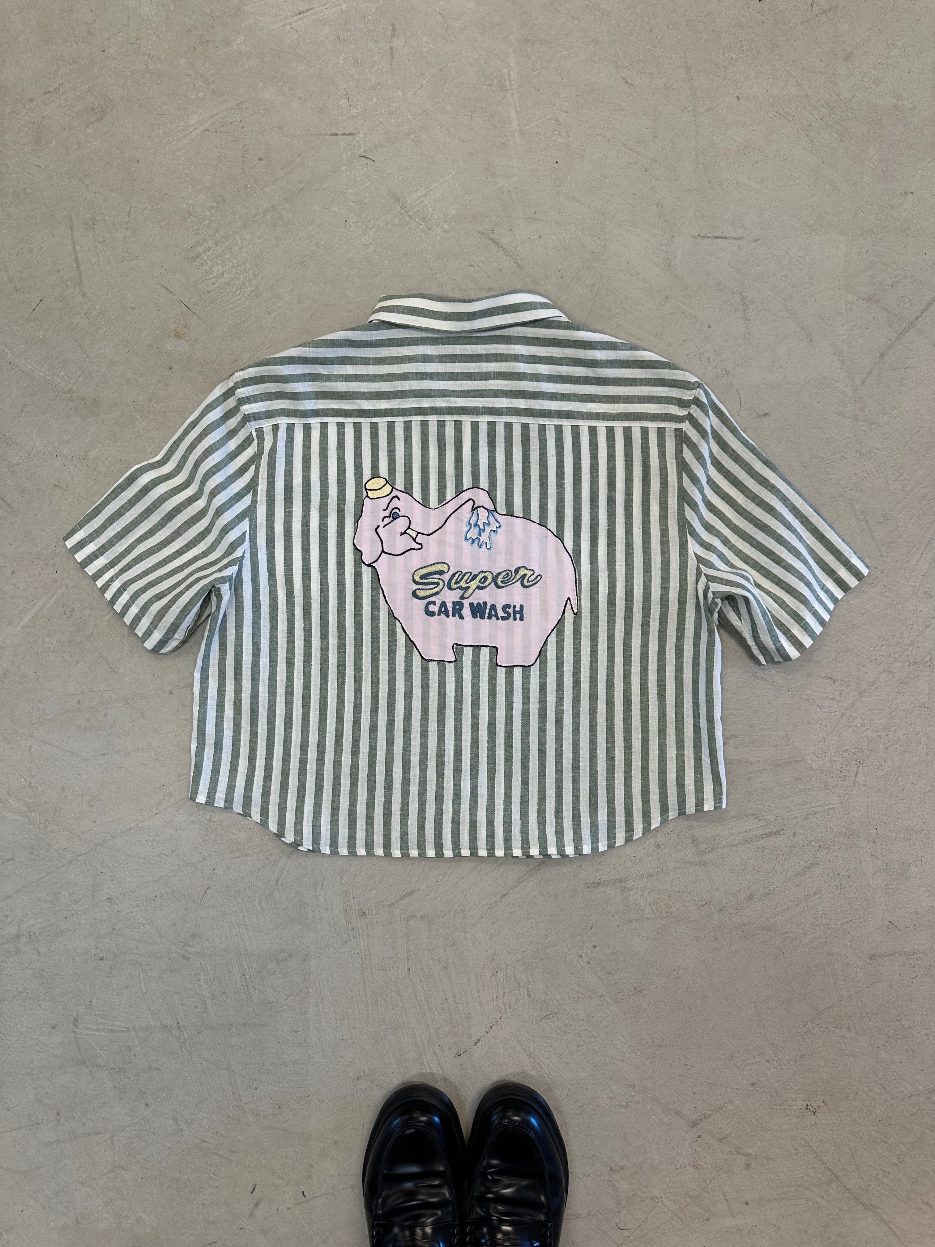 Cropped Button Down —  Sage Green and White Stripe with Super Elephant