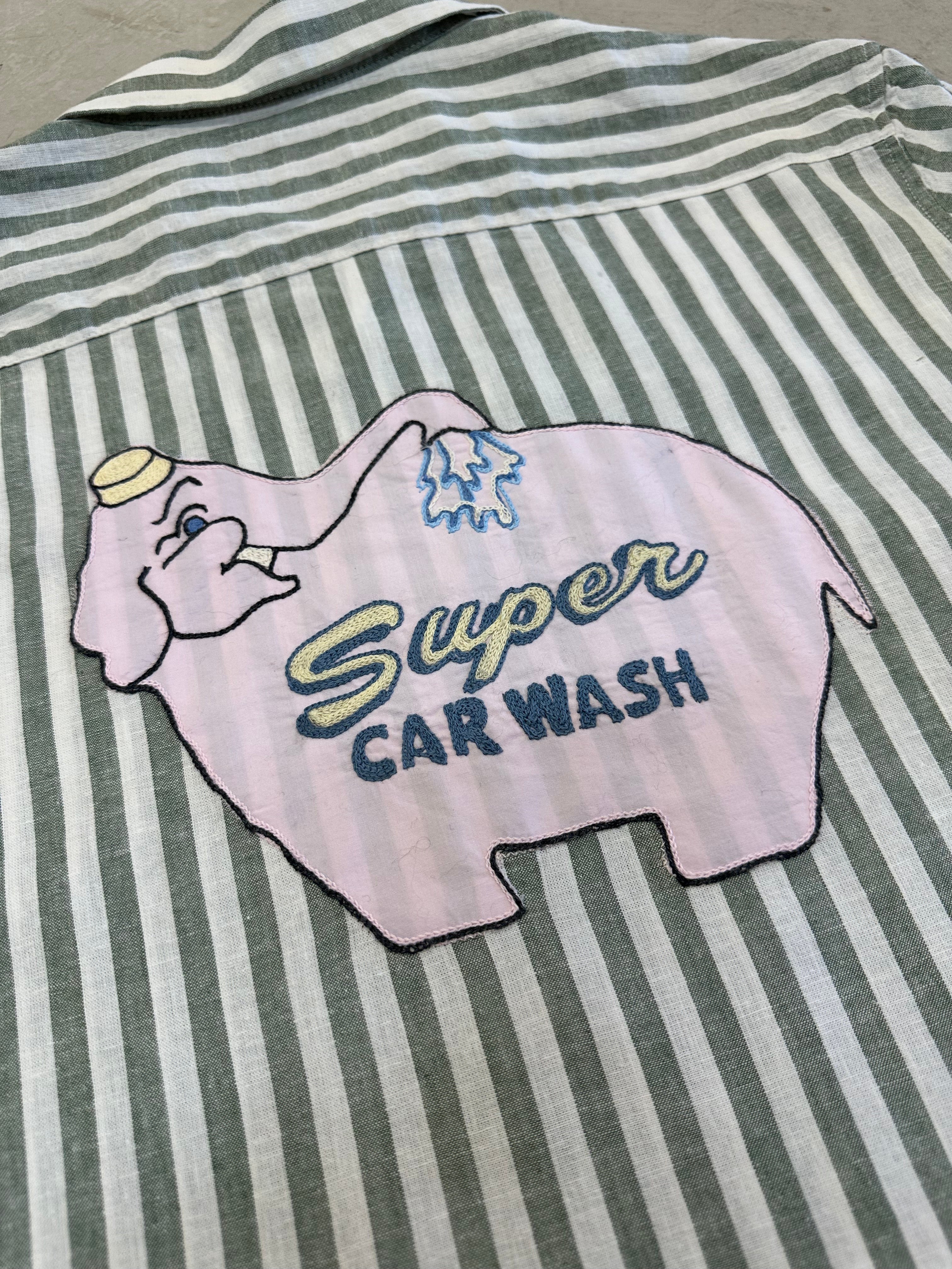 Cropped Button Down —  Sage Green and White Stripe with Super Elephant