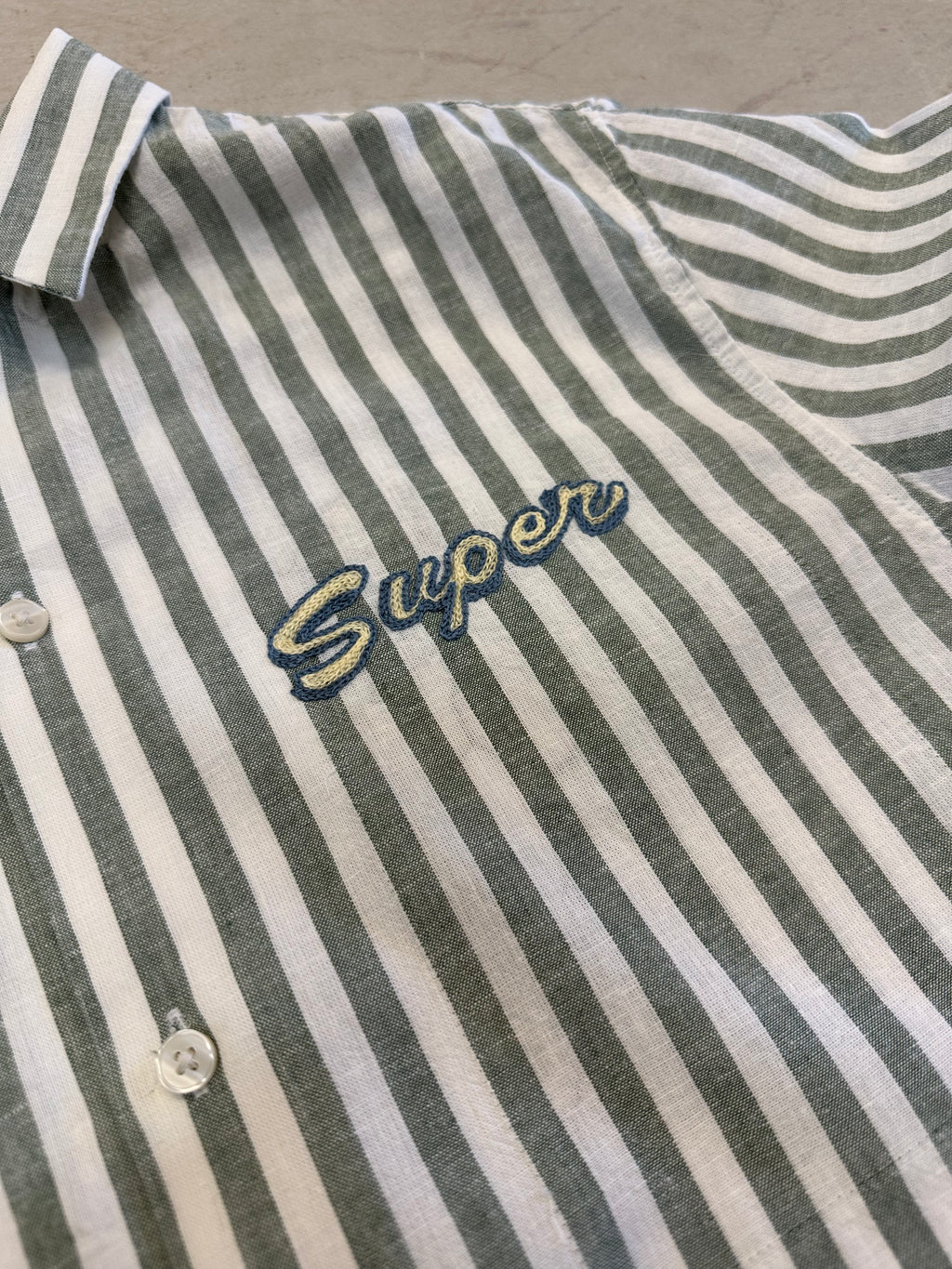Cropped Button Down —  Sage Green and White Stripe with Super Elephant