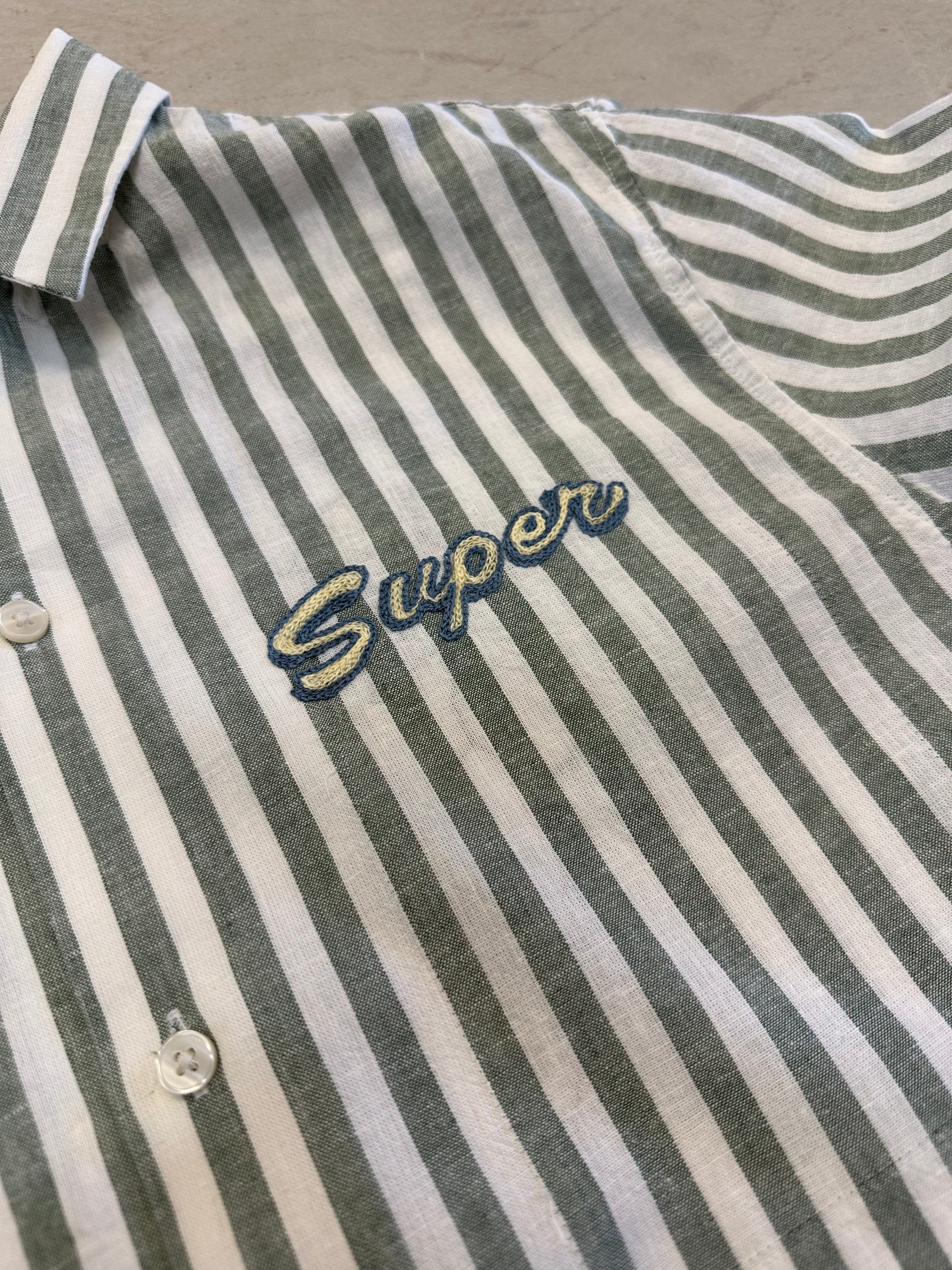 Cropped Button Down —  Sage Green and White Stripe with Super Elephant