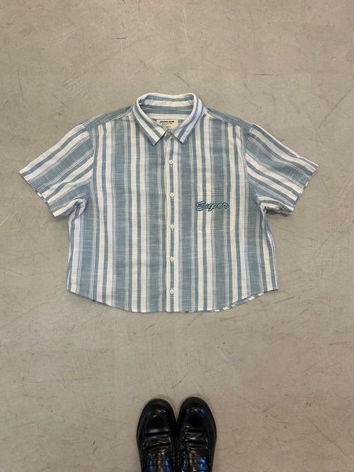Cropped Button Down —  Blue and White Stripe with Super Elephant