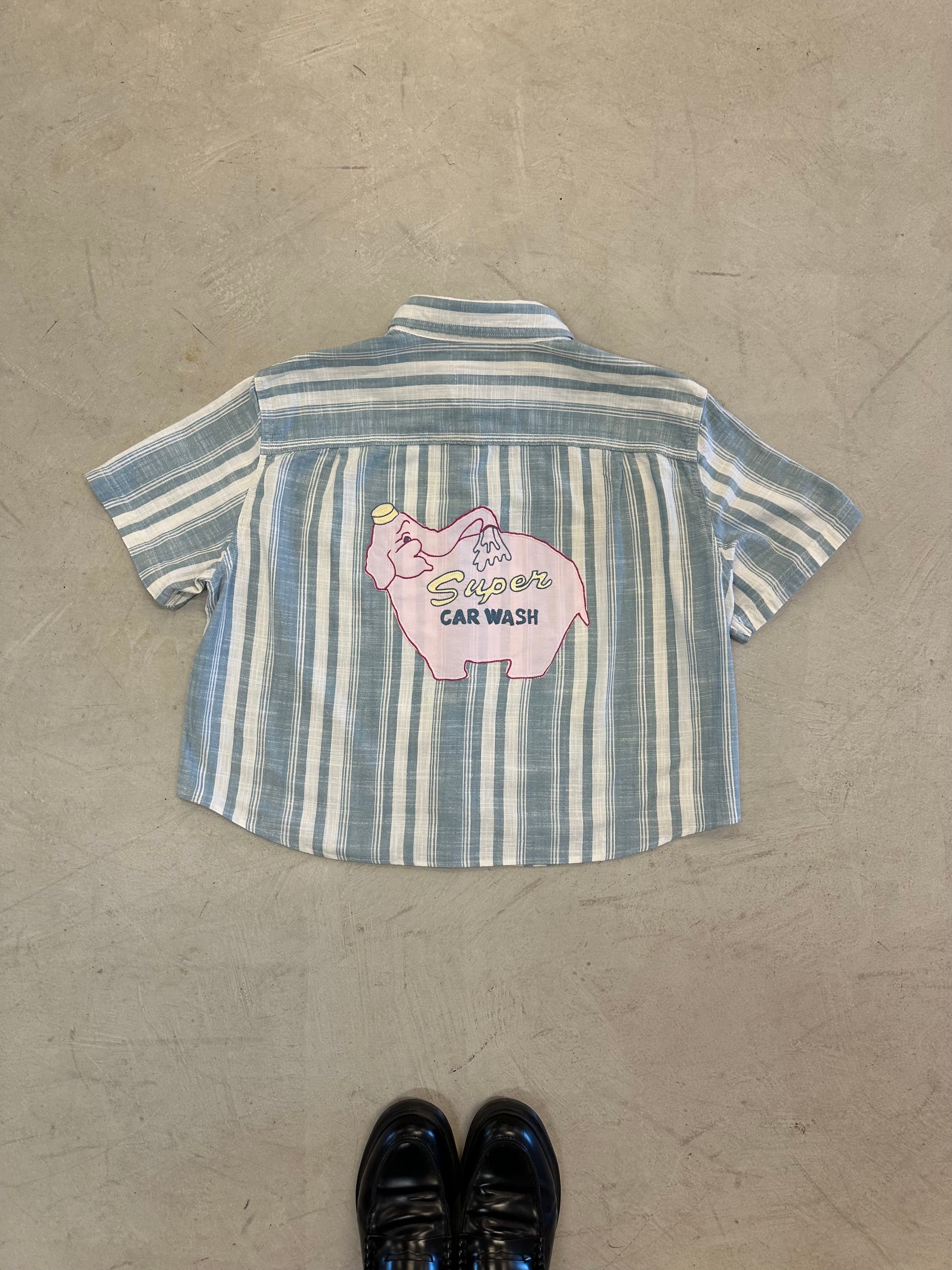 Cropped Button Down —  Blue and White Stripe with Super Elephant