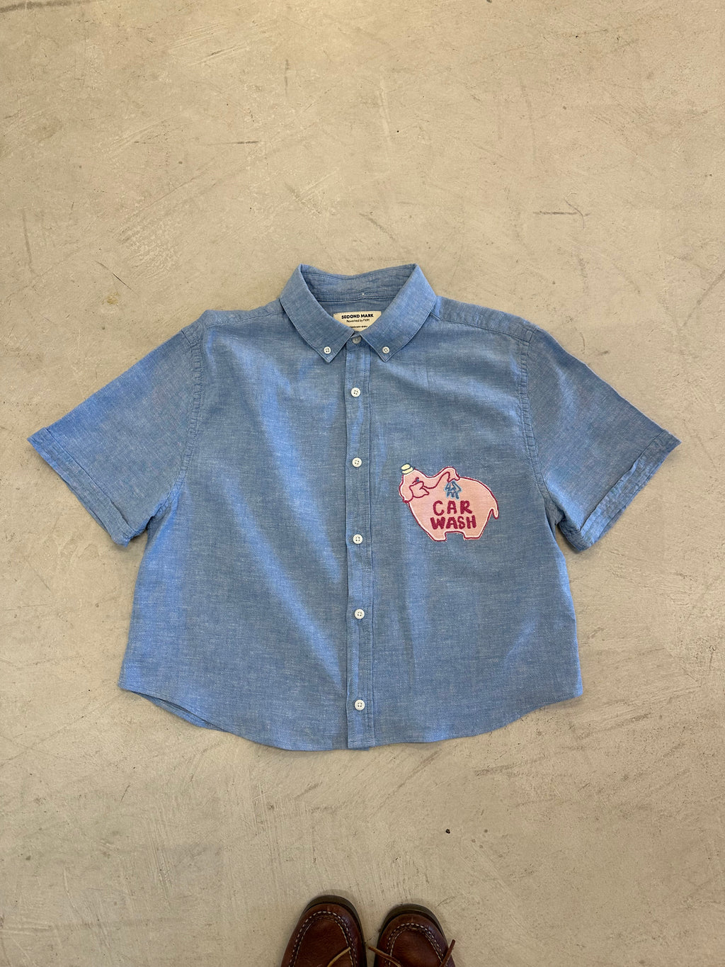 Cropped Button Down — Pale Blue with Pink Car Wash