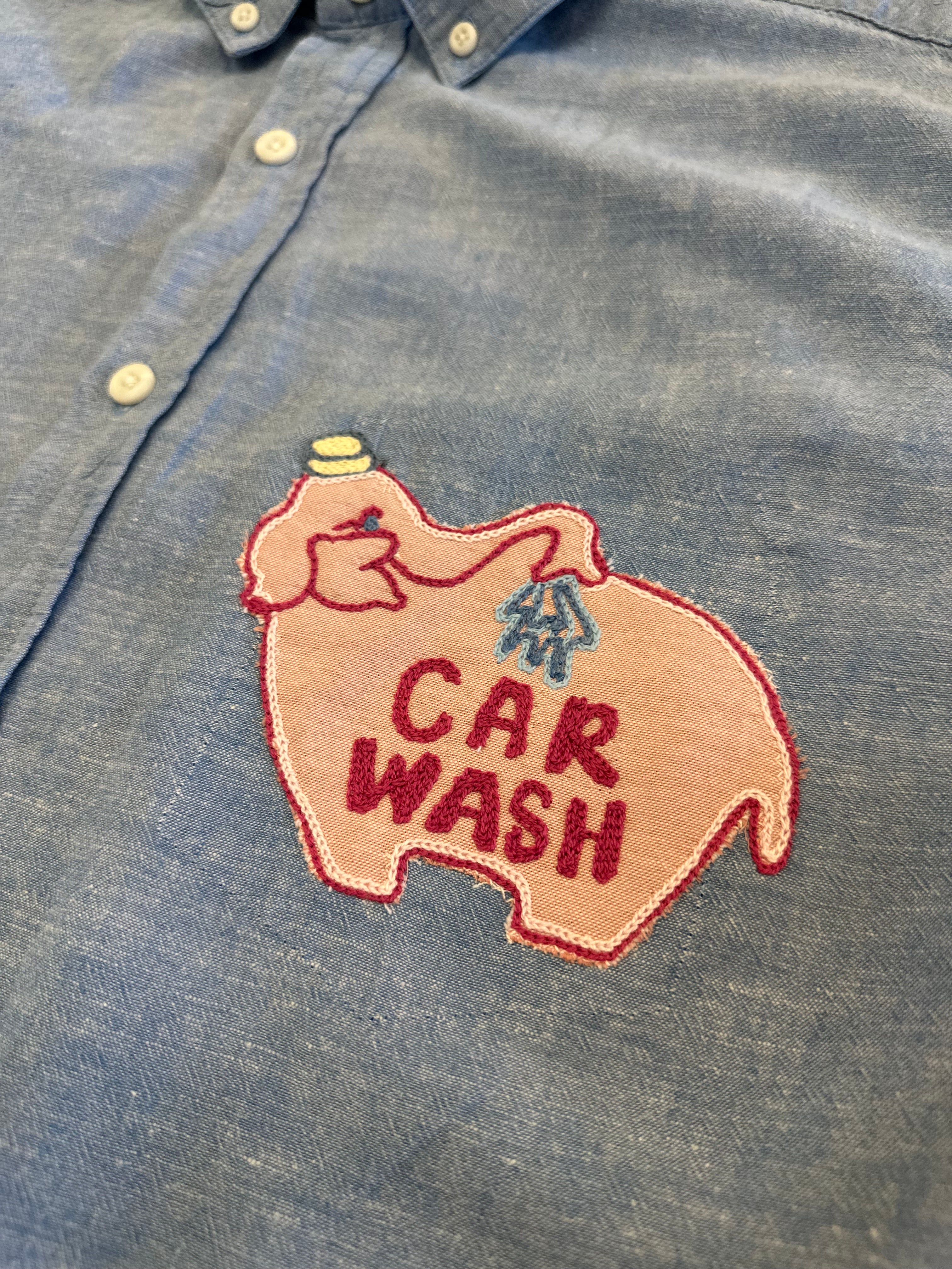 Cropped Button Down — Pale Blue with Pink Car Wash