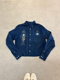 Cropped Button Down — Navy with Pale Yellow Fish and Blue Bud