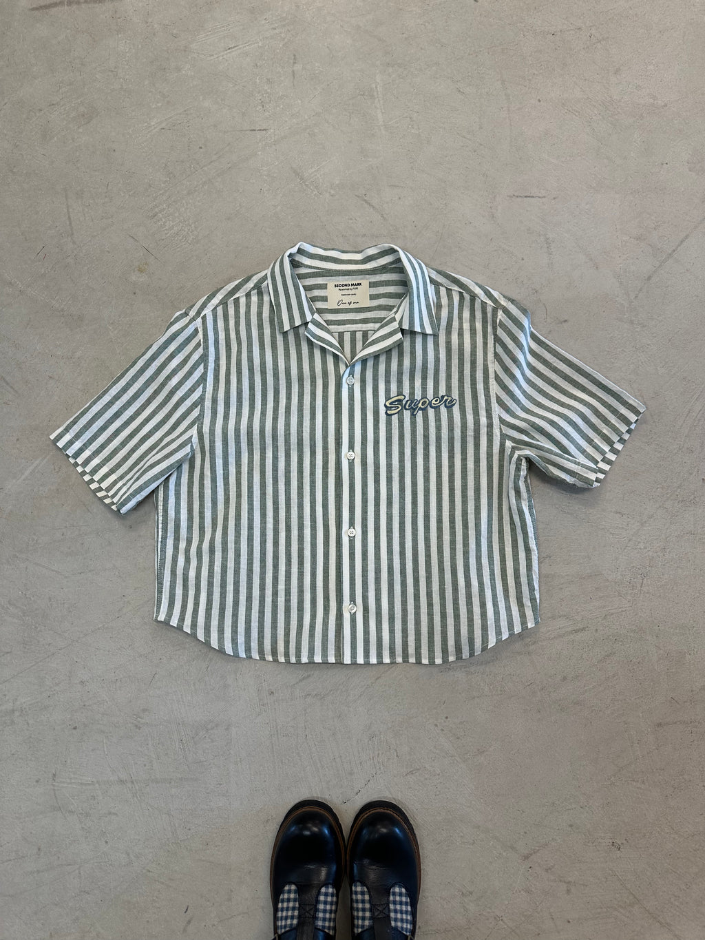 Cropped Button Down —  Green and White Stripe with Super Elephant