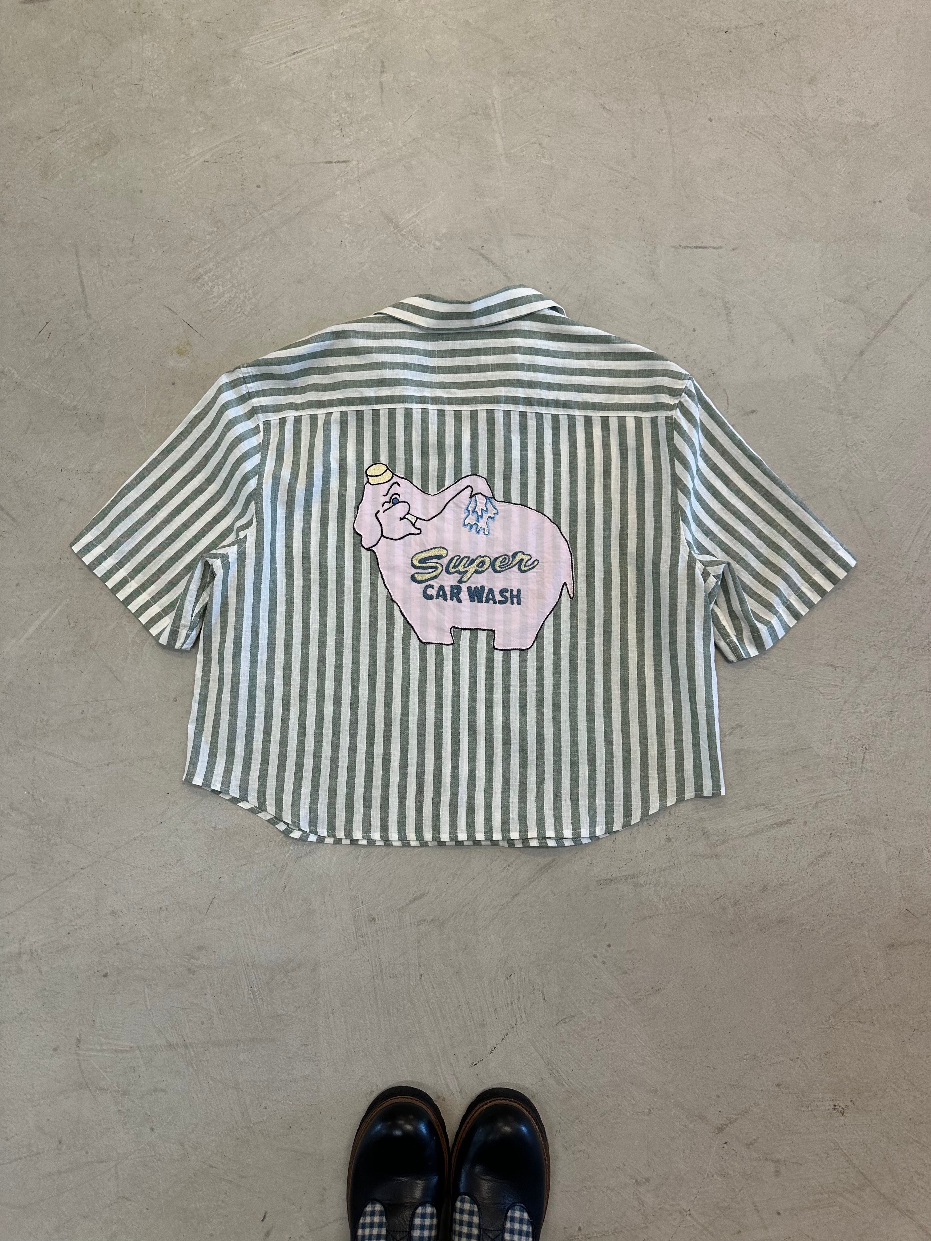 Cropped Button Down —  Green and White Stripe with Super Elephant