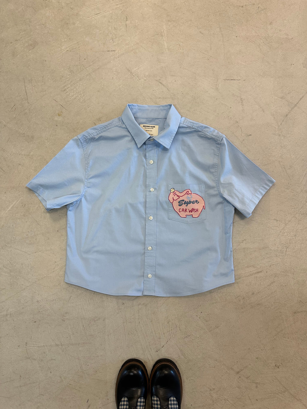 Cropped Button Down — Pale Blue with Pink Car Wash detail on Pocket
