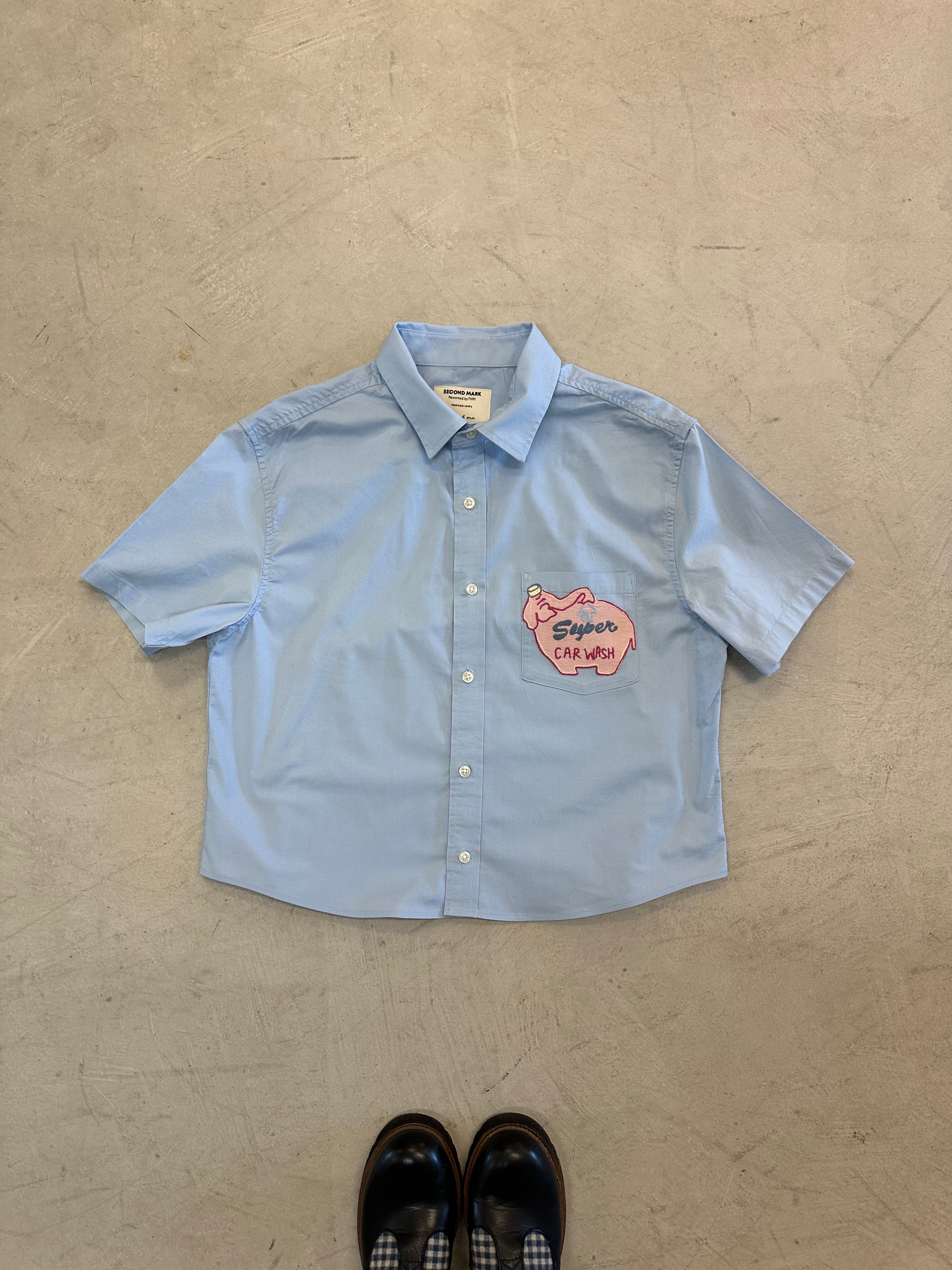 Cropped Button Down — Pale Blue with Pink Car Wash detail on Pocket