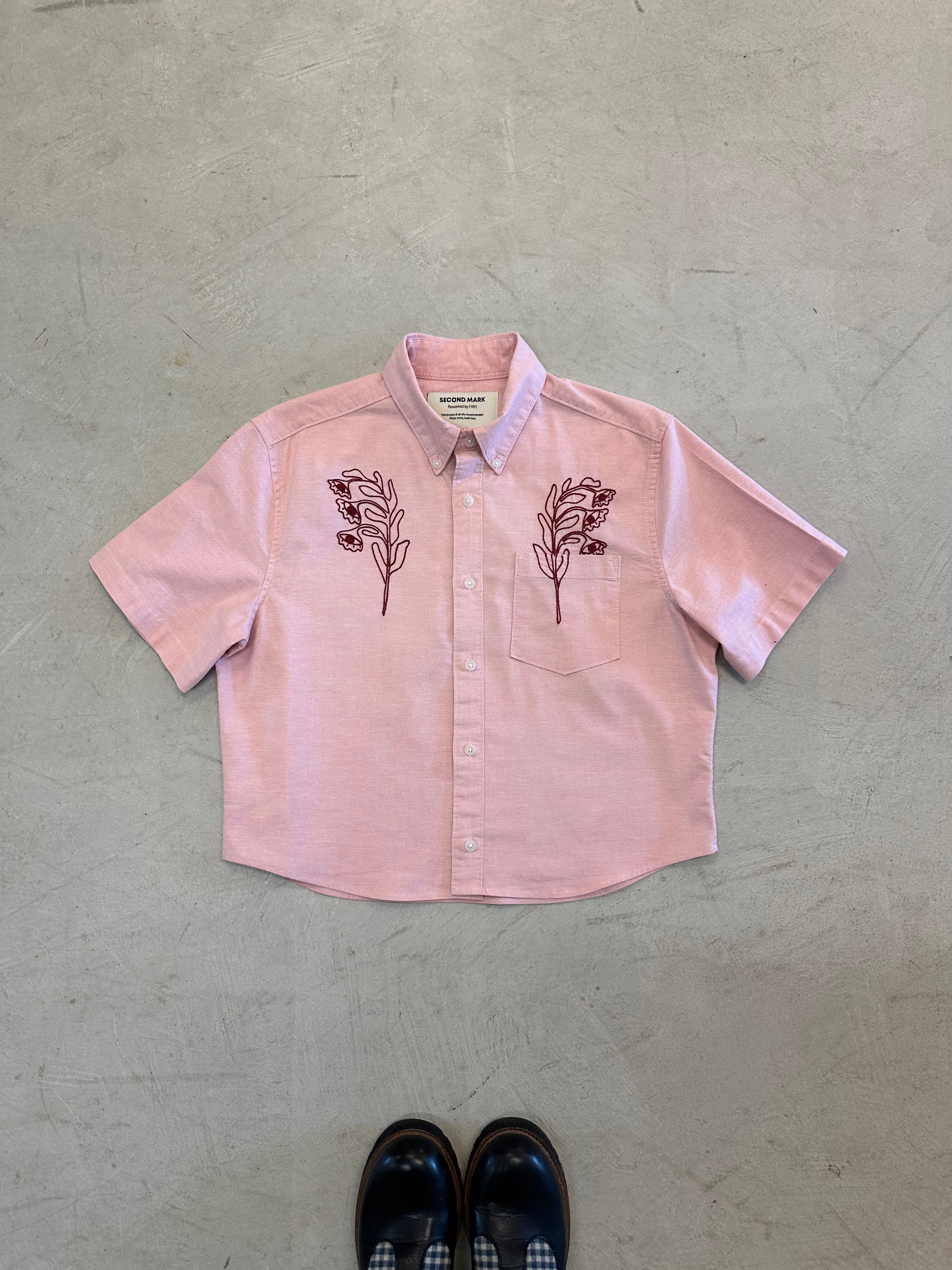 Cropped Button Down — Soft Pink with Crimson Floral Eyes