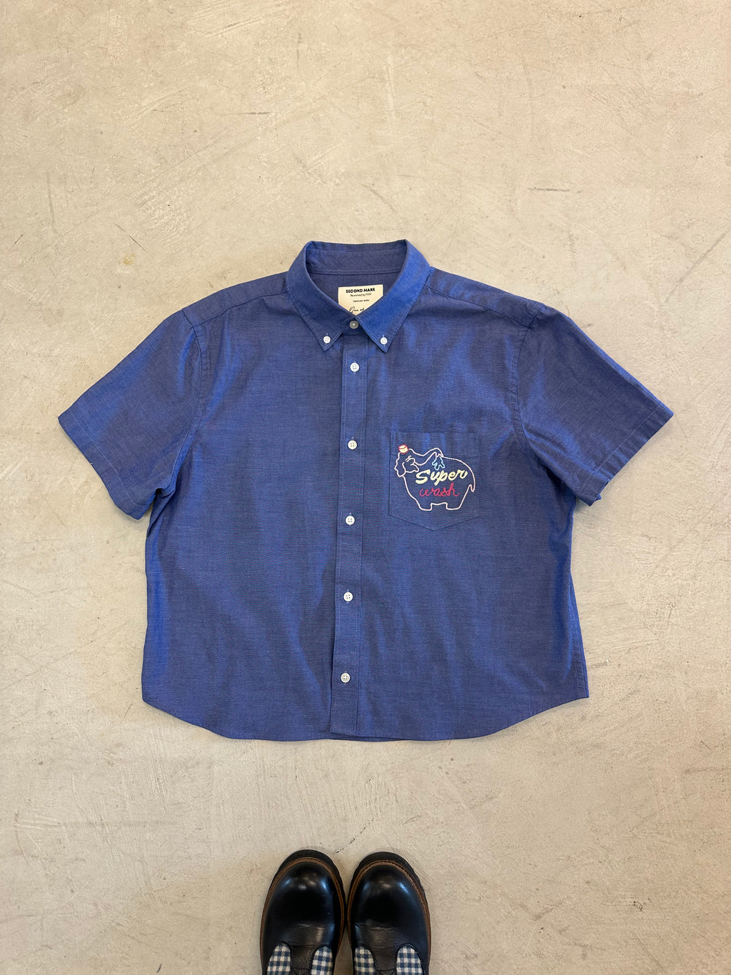 Cropped Button Down — Mid Blue Shirt with Pink Elephant detail on Chest Pocket