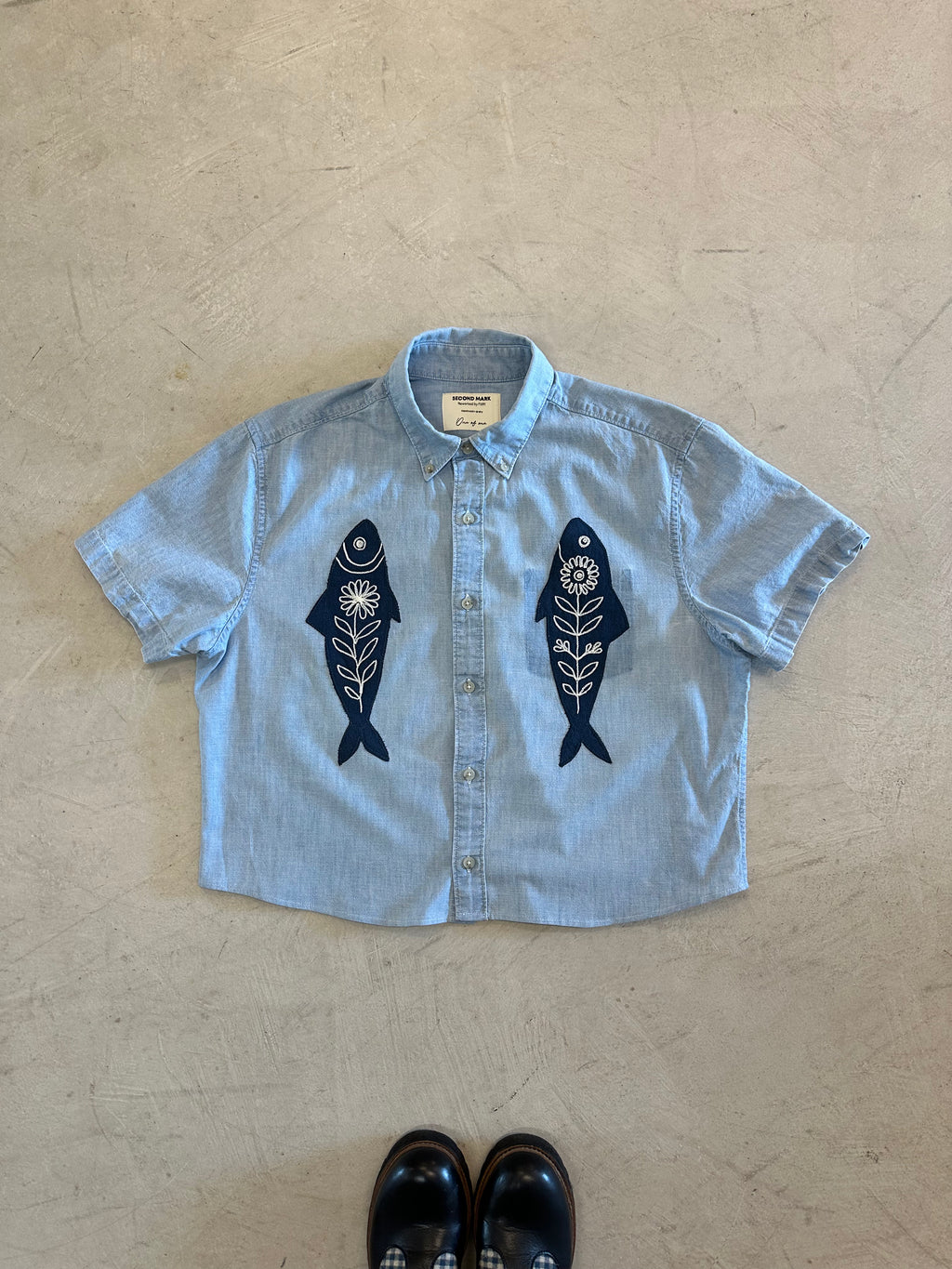 Cropped Button Down — Light Blue with Navy Fish