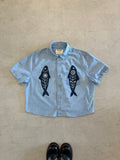 Cropped Button Down — Light Blue with Navy Fish