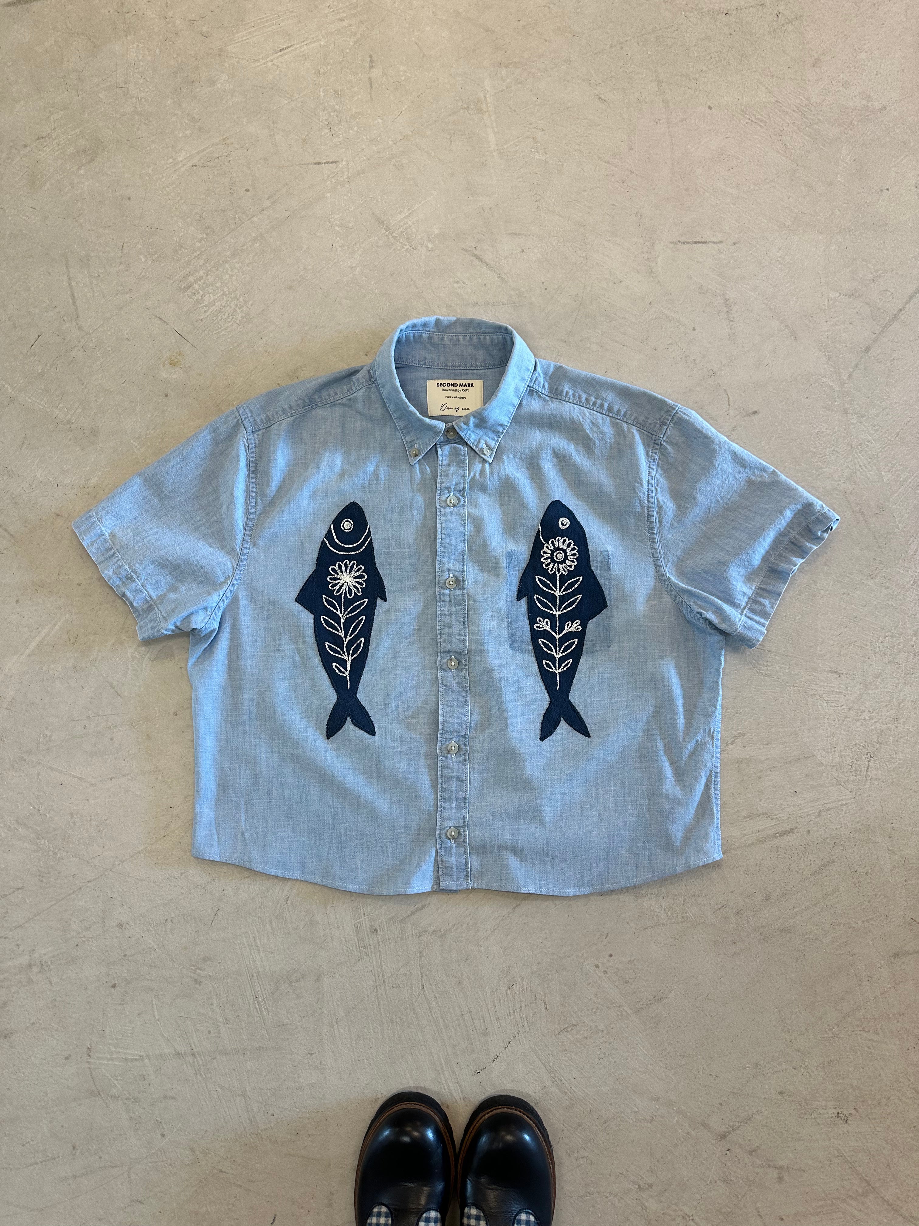 Cropped Button Down — Light Blue with Navy Fish