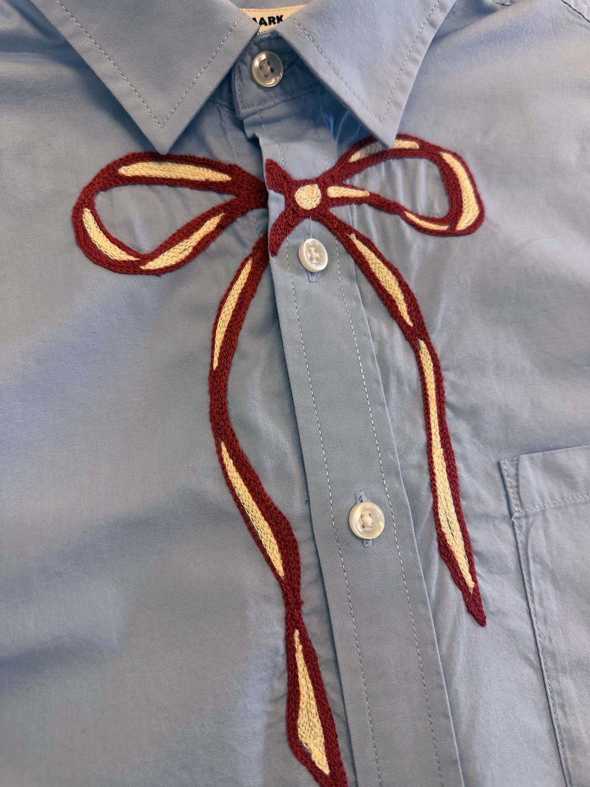 Cropped Short Sleeve Button Down — Light Blue with Red and Gold Bow · S/M