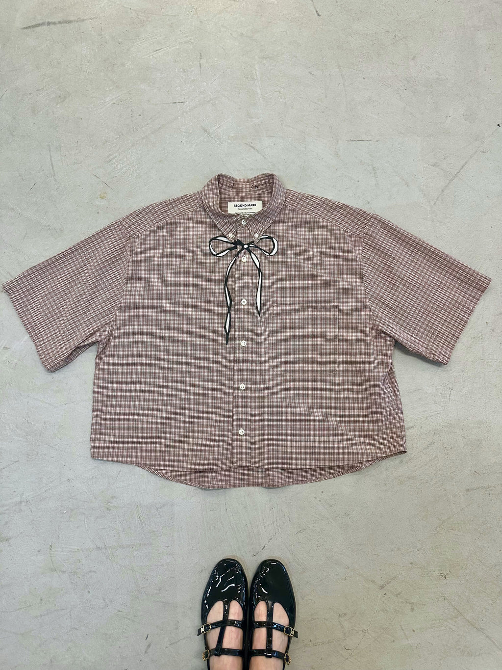 Cropped Button Down — Ivory & Oxblood Micro Plaid with Dark Grey & Ivory Bow
