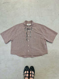 Cropped Button Down — Ivory & Oxblood Micro Plaid with Dark Grey & Ivory Bow