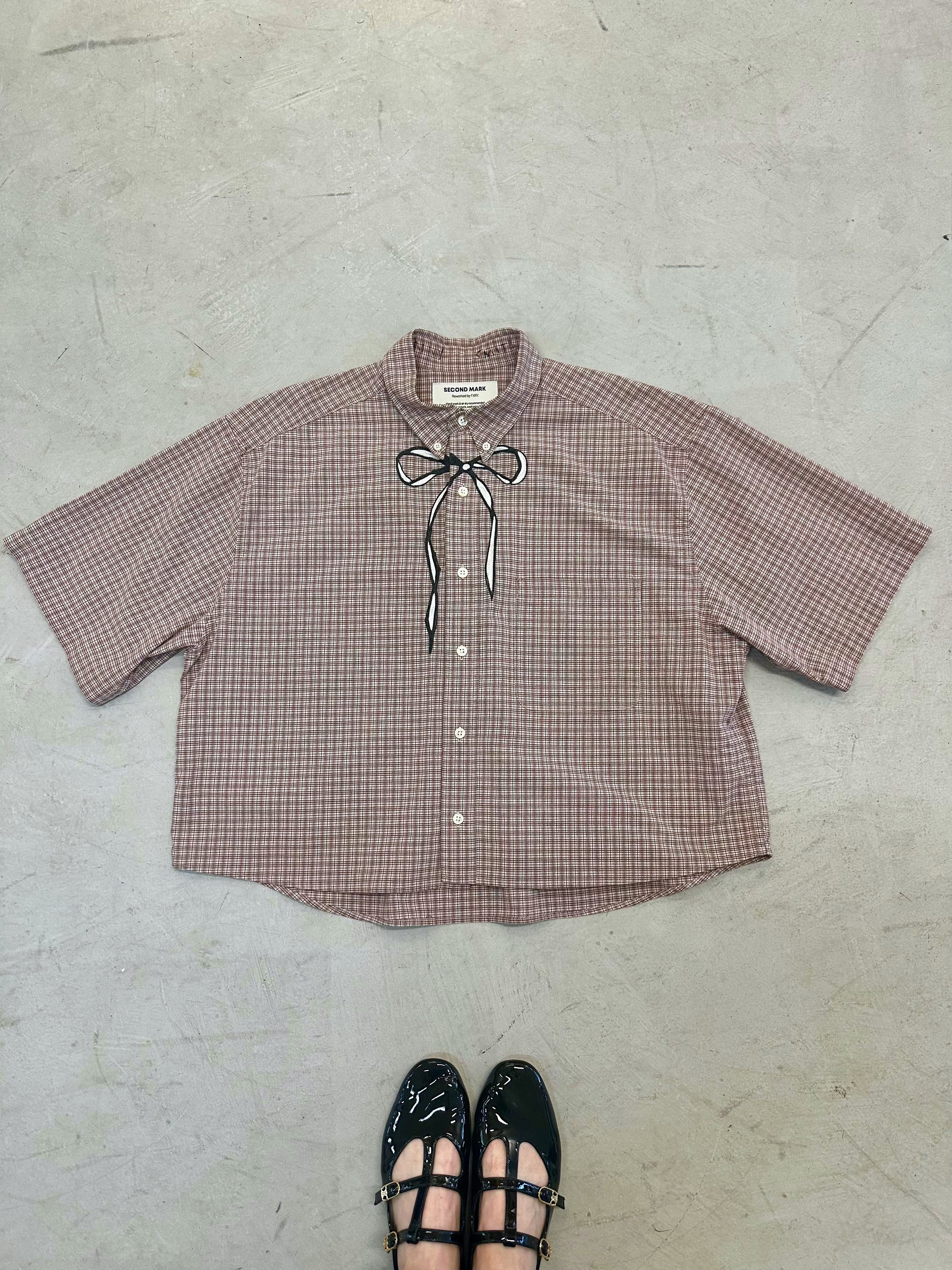 Cropped Button Down — Ivory & Oxblood Micro Plaid with Dark Grey & Ivory Bow