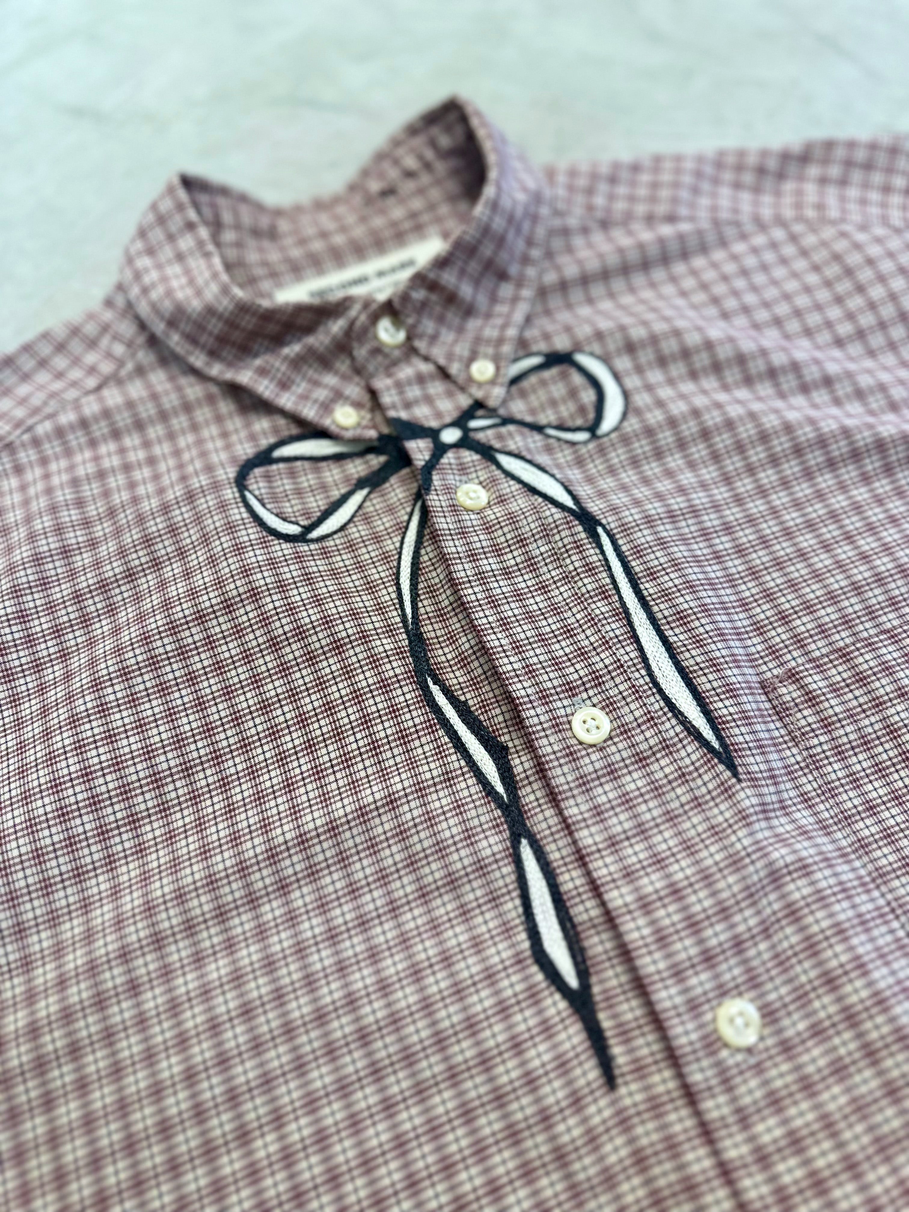 Cropped Button Down — Ivory & Oxblood Micro Plaid with Dark Grey & Ivory Bow