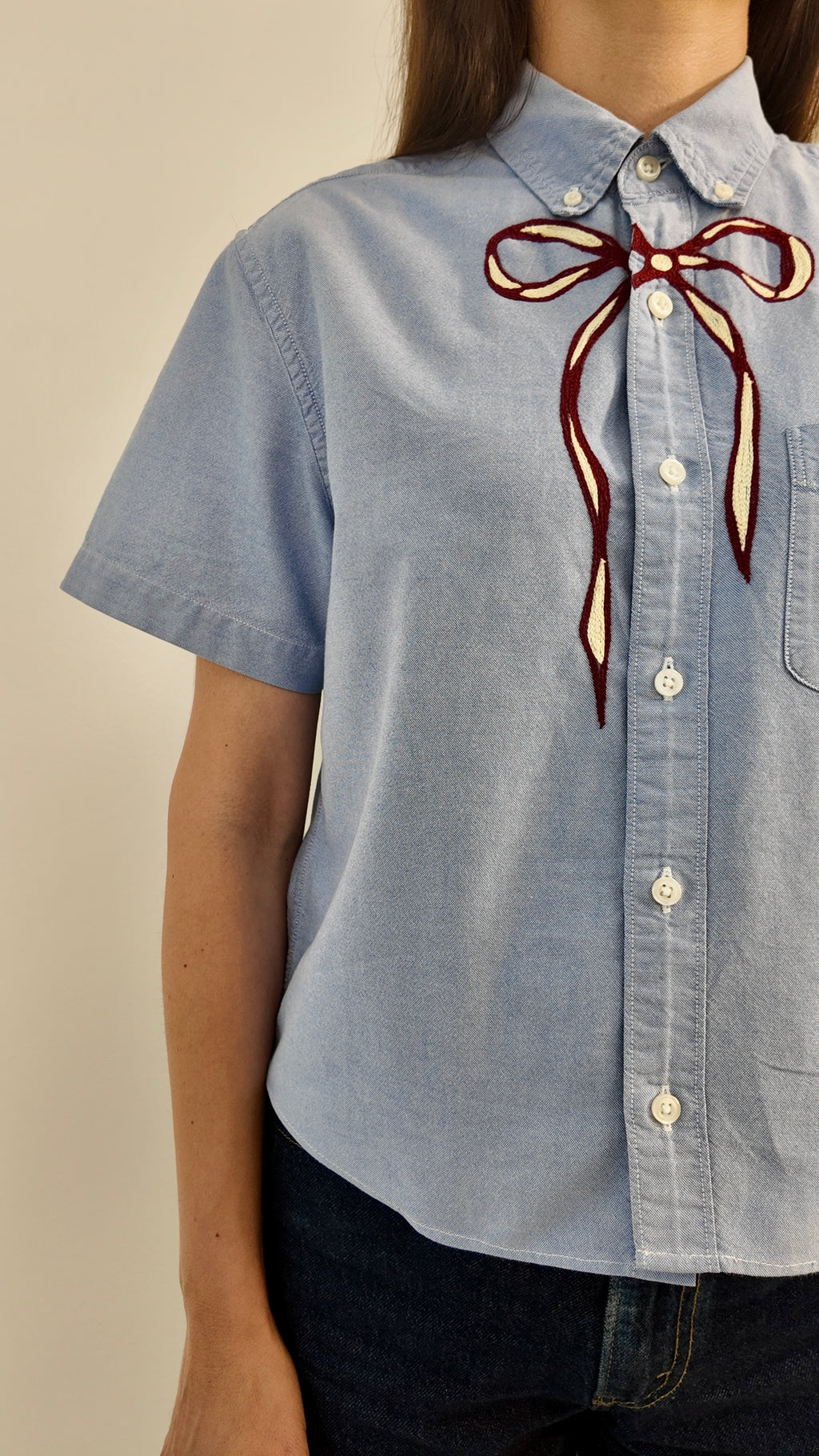 Cropped Button Down — Light Blue with Red and Cream Bow