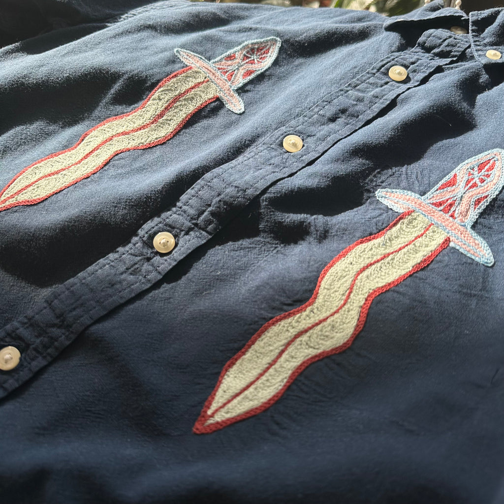 Cropped Long Sleeve Button Down — Navy with Daggers by Emily Counts · S/M