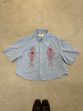 Cropped Short Sleeve Button Down — Light Blue with Red Fish