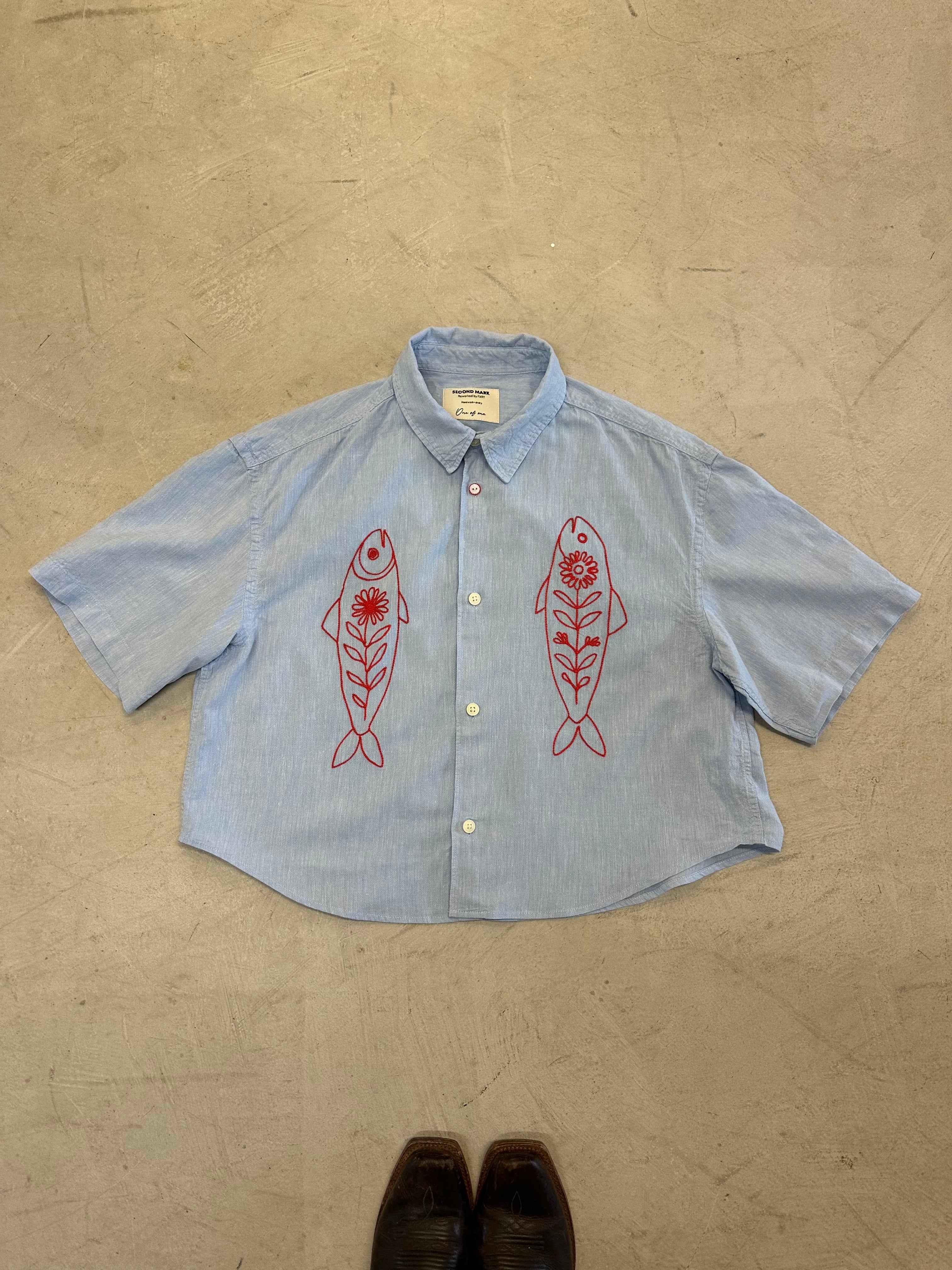 Cropped Short Sleeve Button Down — Light Blue with Red Fish