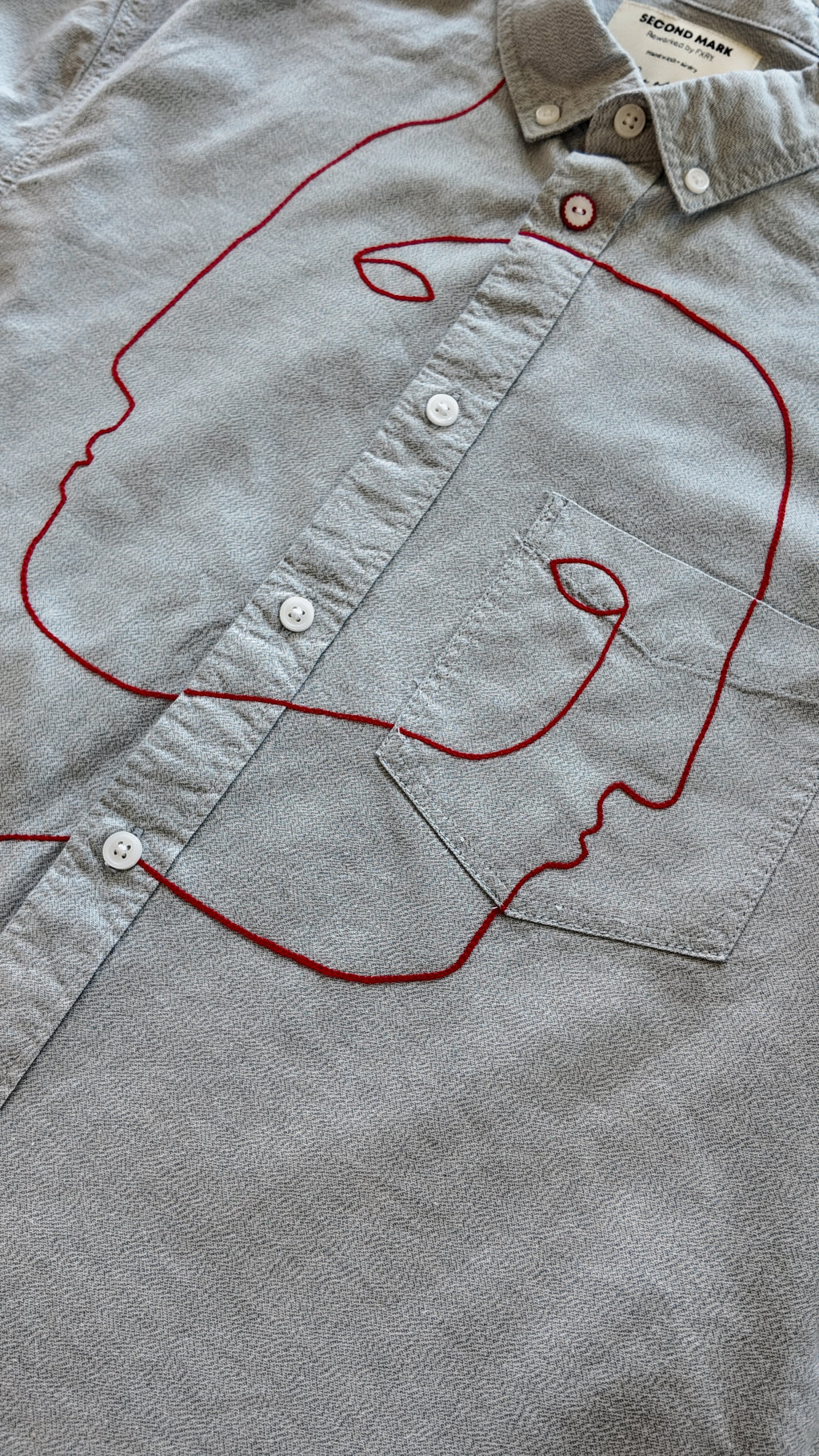 Cropped Short Sleeve Button Down — Pale Blue with Red Faces