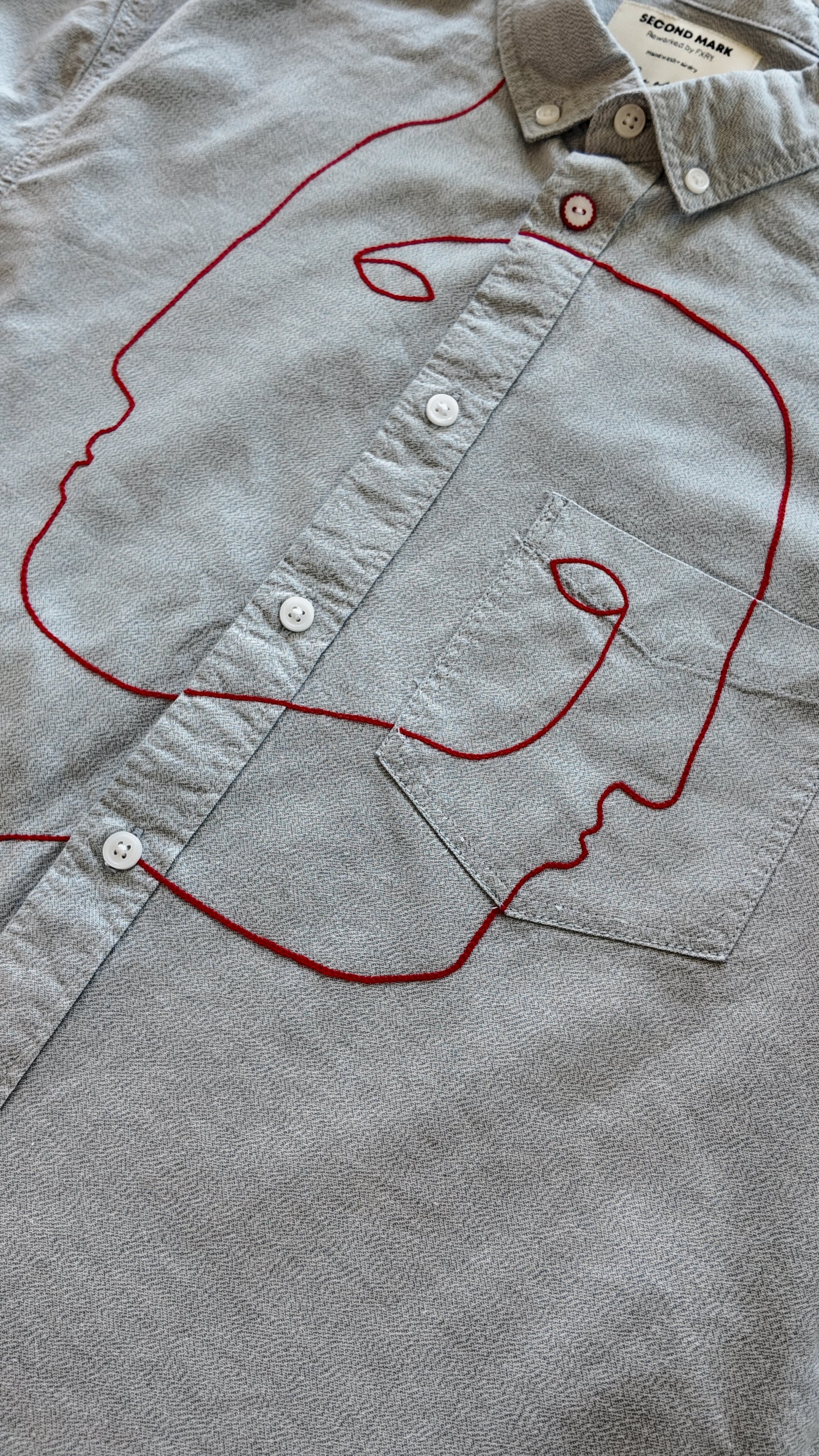 Cropped Short Sleeve Button Down — Pale Blue with Red Faces