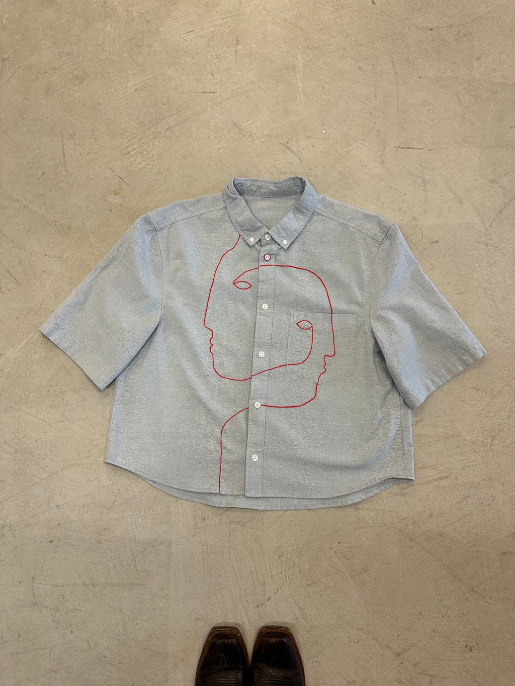 Cropped Short Sleeve Button Down — Pale Blue with Red Faces
