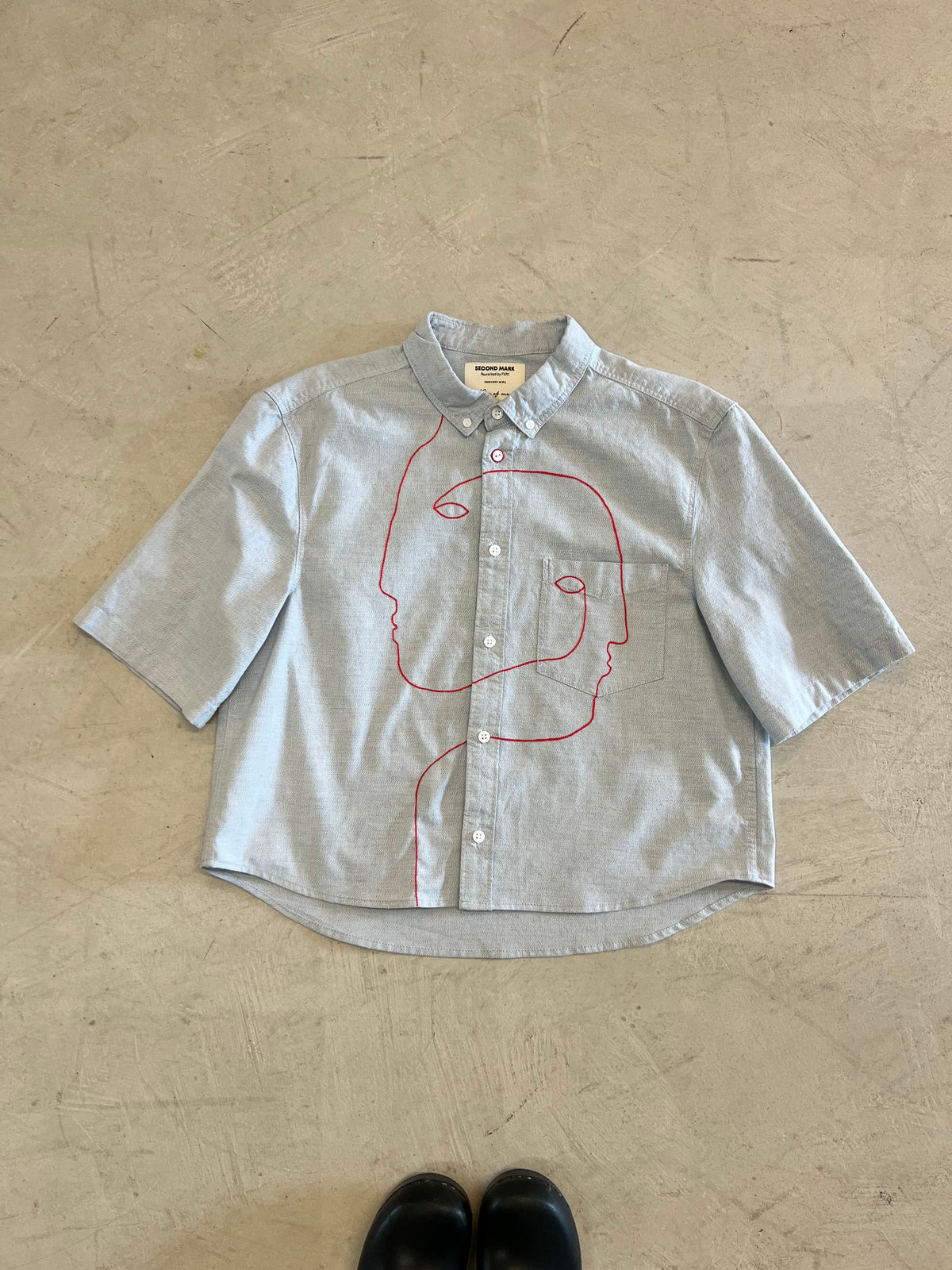 Cropped Short Sleeve Button Down — Pale Blue with Red Faces · S/M