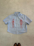 Cropped Short Sleeve Button Down — Grey Blue with Red Chain Stitch Fish