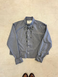 Cropped Long Sleeve Button Down — Grey with Black and Ivory Bow Across Chest · M/L