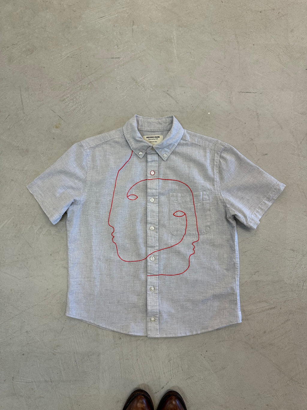 Cropped Short Sleeve Button Down — Grey with Red Faces