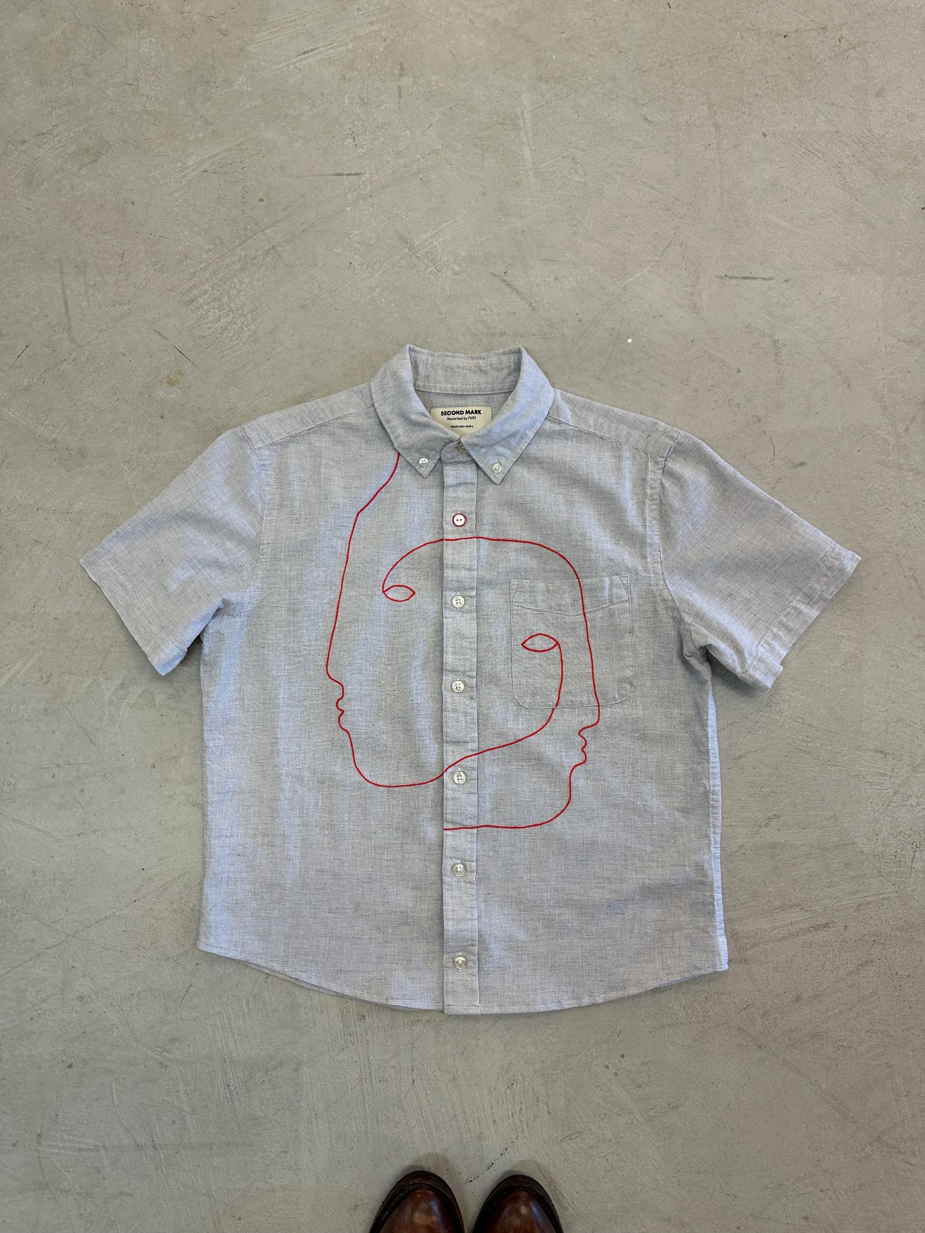 Cropped Short Sleeve Button Down — Grey with Red Faces