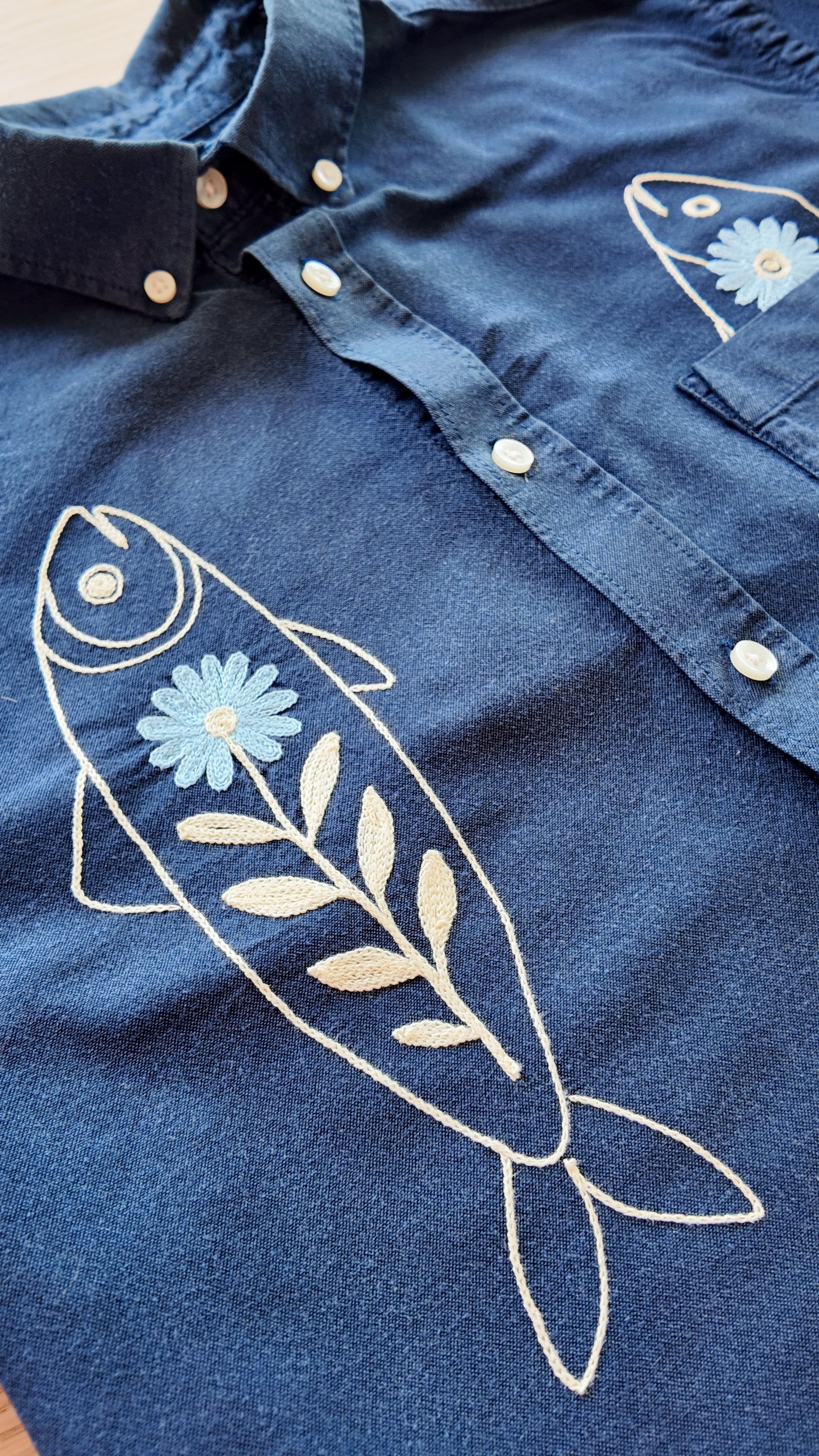 Cropped Long Sleeve Button Down — Navy with Off White Fish and Blue Bud