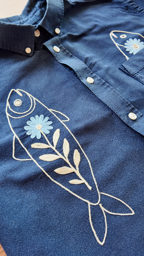 Cropped Long Sleeve Button Down — Navy with Off White Fish and Blue Bud