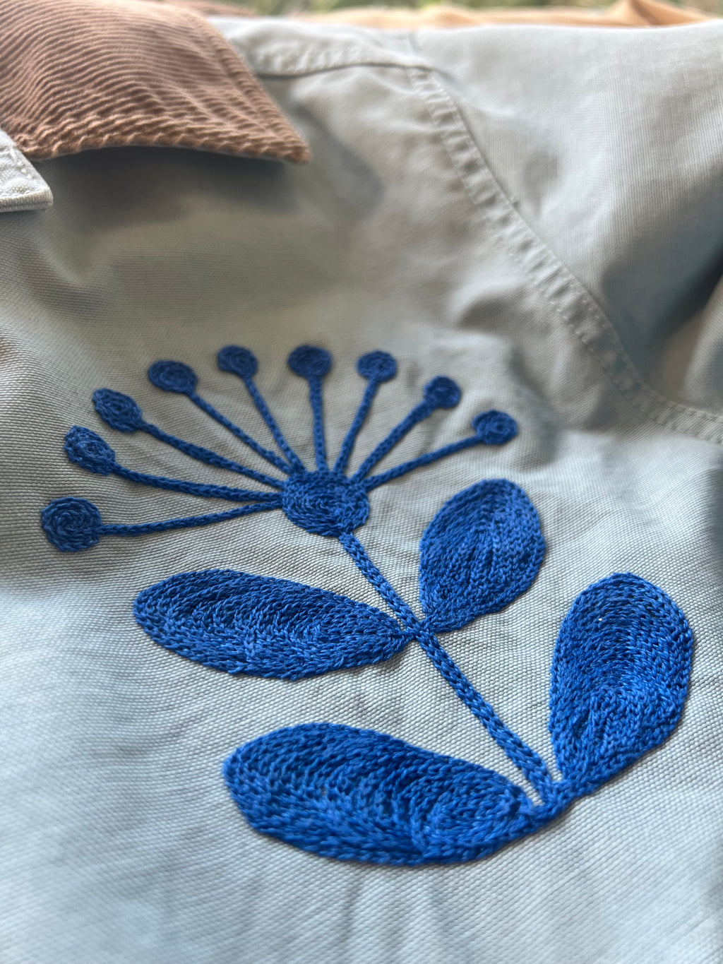 LL Bean Barn Jacket — Sky Blue with Tonal Nordic Flower · S/M