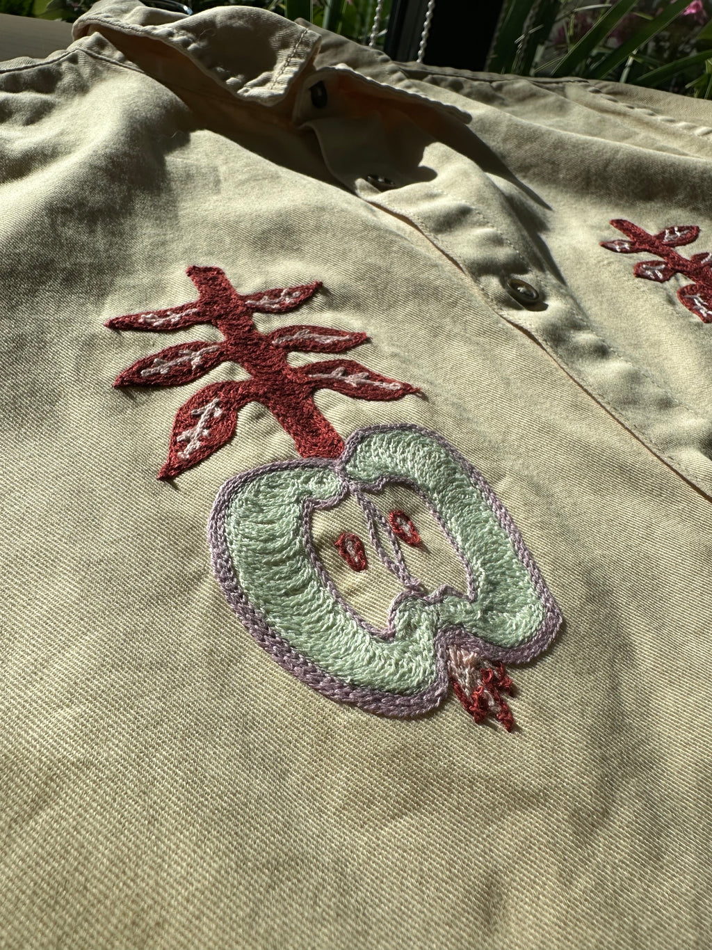 Cropped Short Sleeve Button Down — Cream with Apples by Emily Counts · S/M