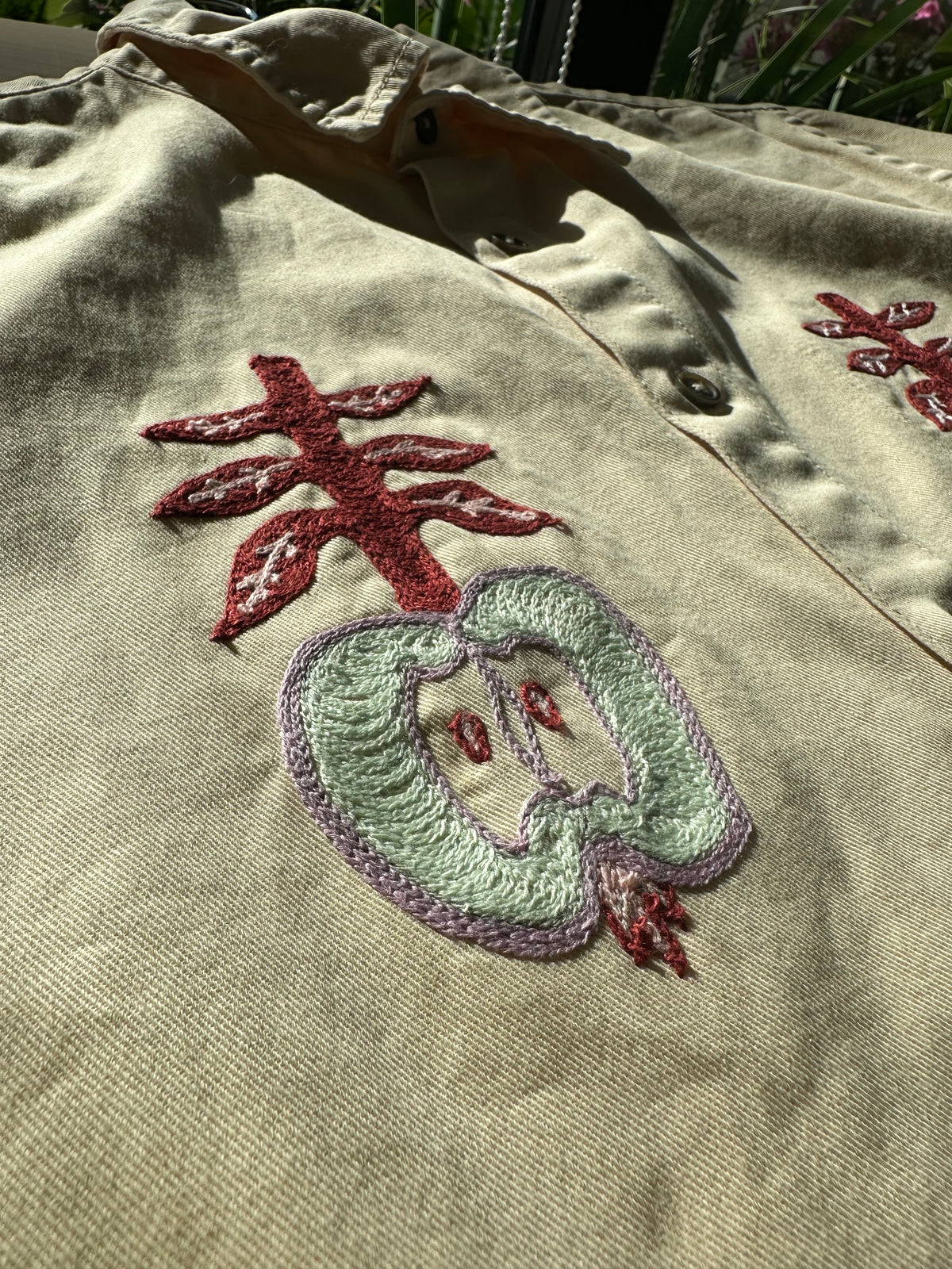 Cropped Short Sleeve Button Down — Cream with Apples by Emily Counts · S/M