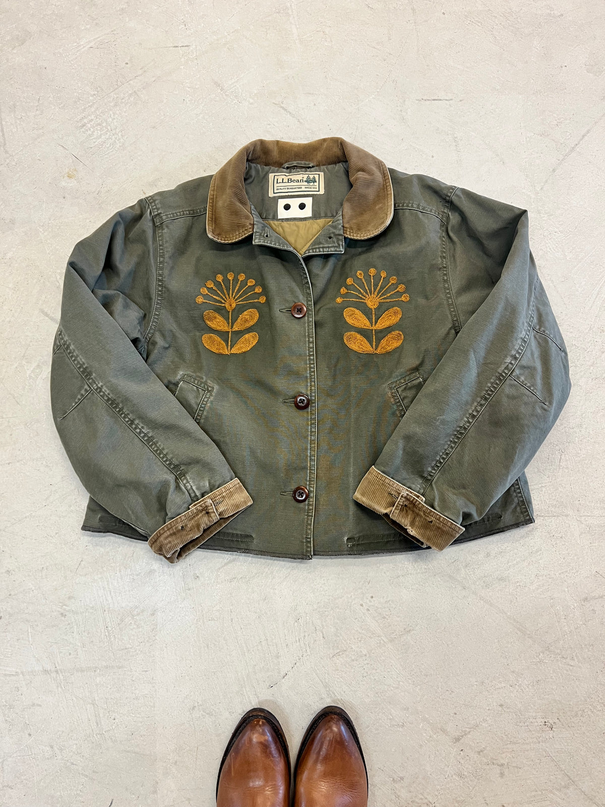 LL Bean Barn Jacket — Dark Sage Green with Gold Nordic Flower · M/L