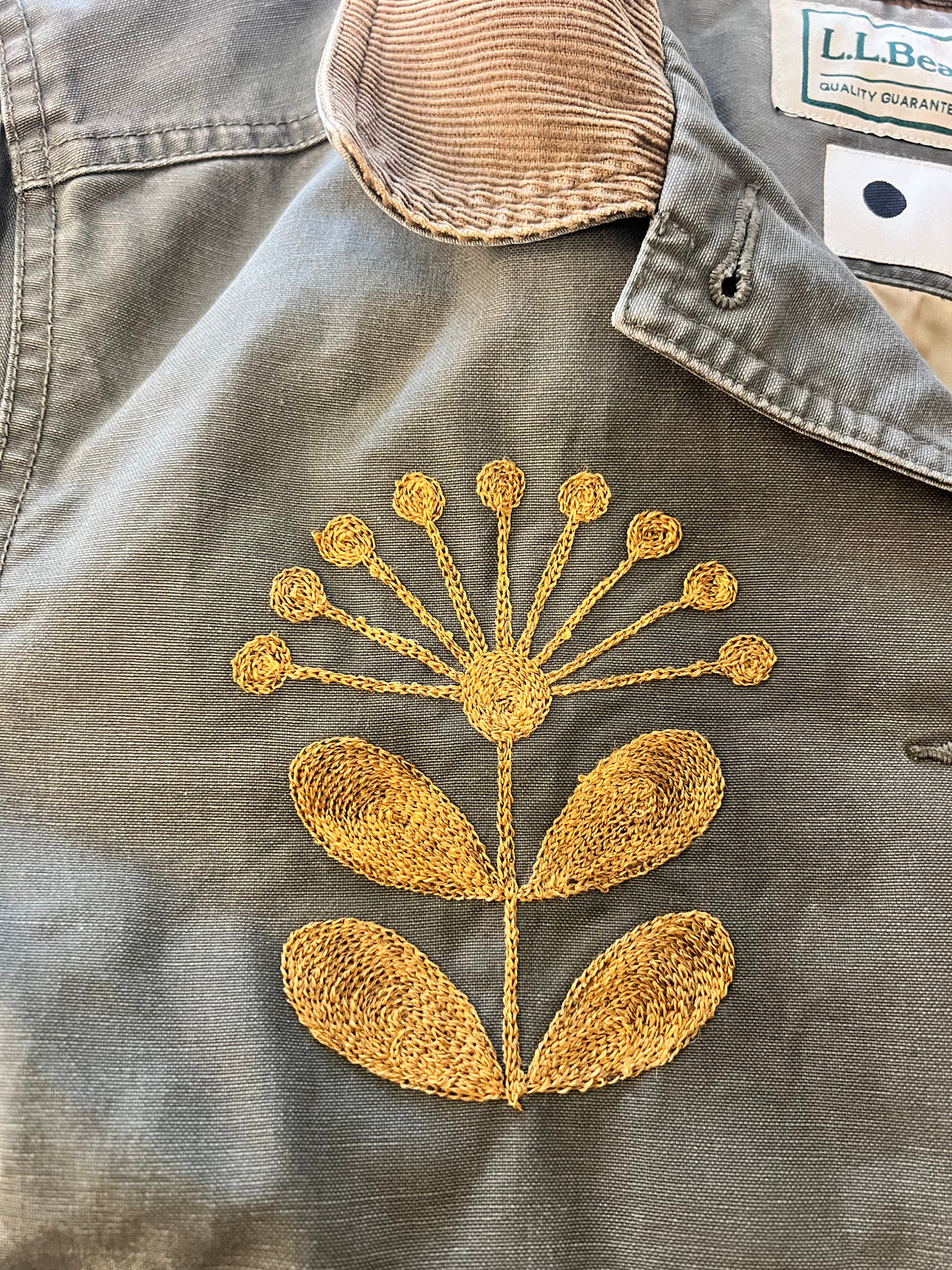 LL Bean Barn Jacket — Dark Sage Green with Gold Nordic Flower · M/L